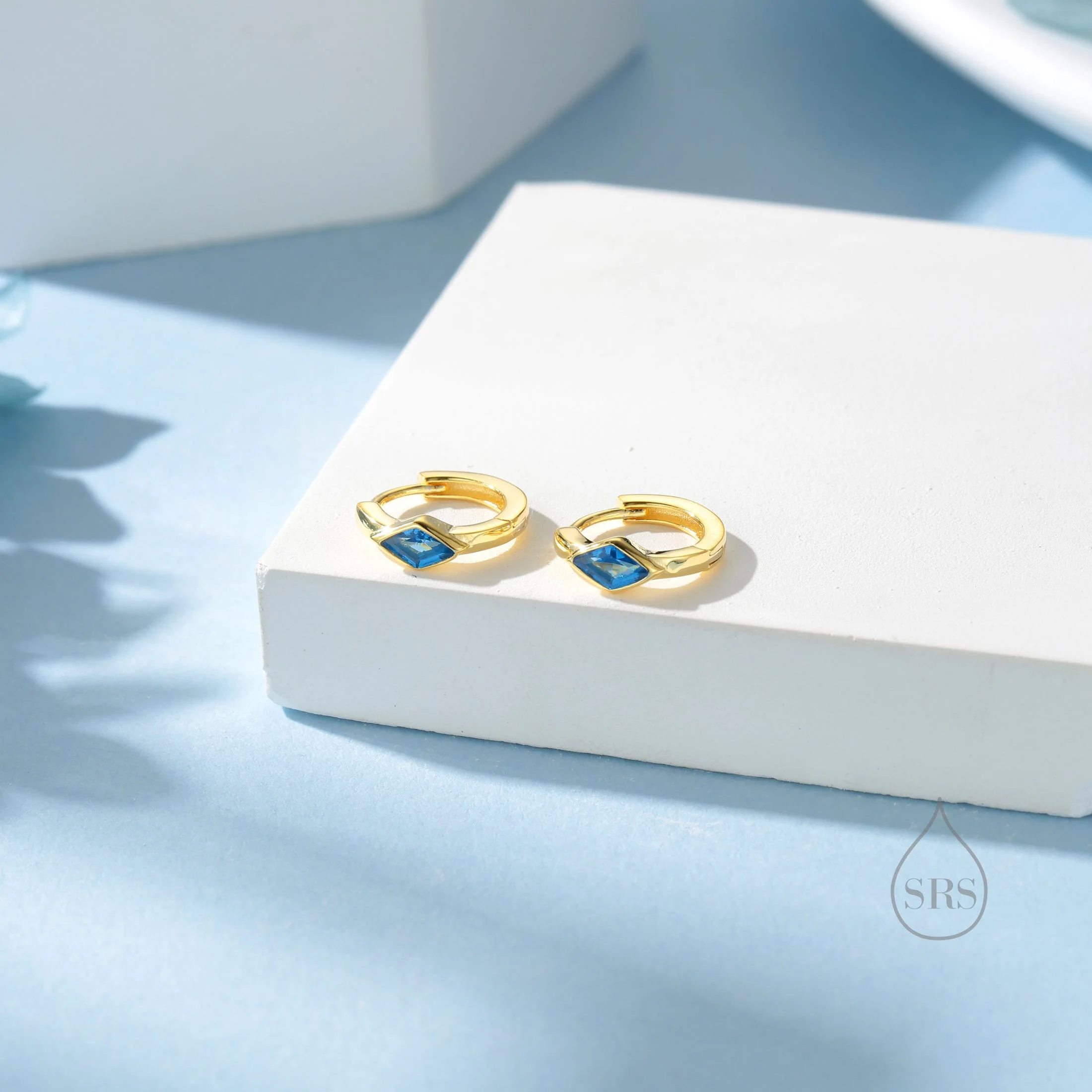 Tiny Rhombus Aquamarine Blue CZ Huggie Hoop in Sterling Silver, Silver or Gold, Minimalist Simple Kite Shape CZ Hoop Earrings - Image 5
