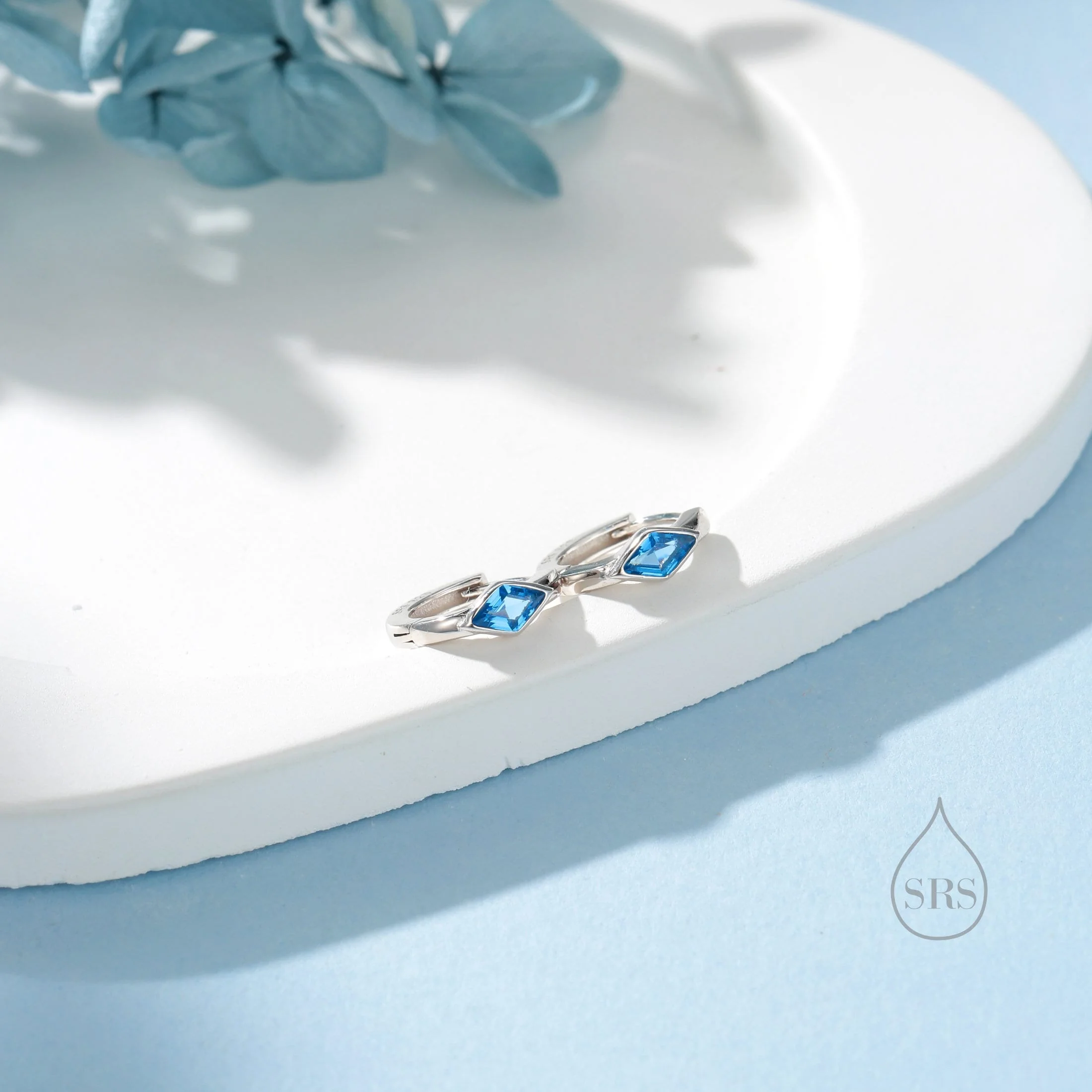Tiny Rhombus Aquamarine Blue CZ Huggie Hoop in Sterling Silver, Silver or Gold, Minimalist Simple Kite Shape CZ Hoop Earrings - Image 7