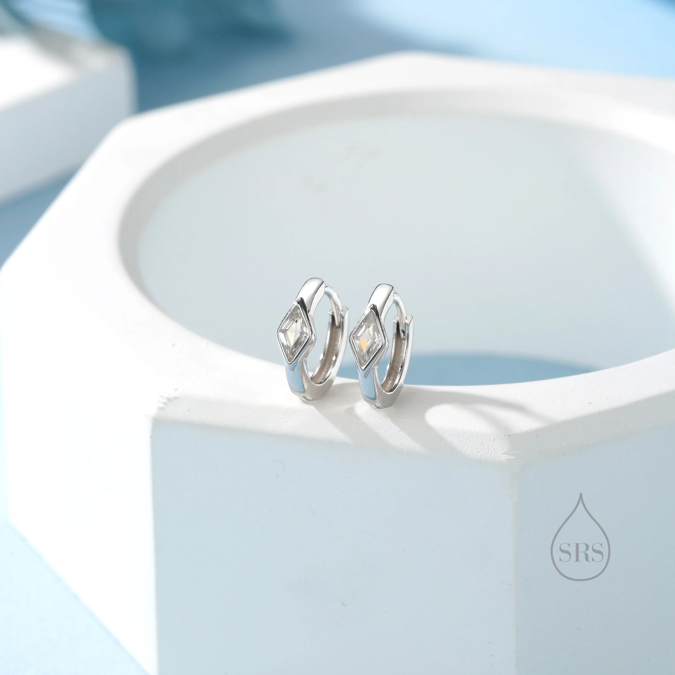 Tiny Rhombus Clear CZ Huggie Hoop in Sterling Silver, Silver or Gold, Minimalist Simple Kite Shape CZ Hoop Earrings - Image 5