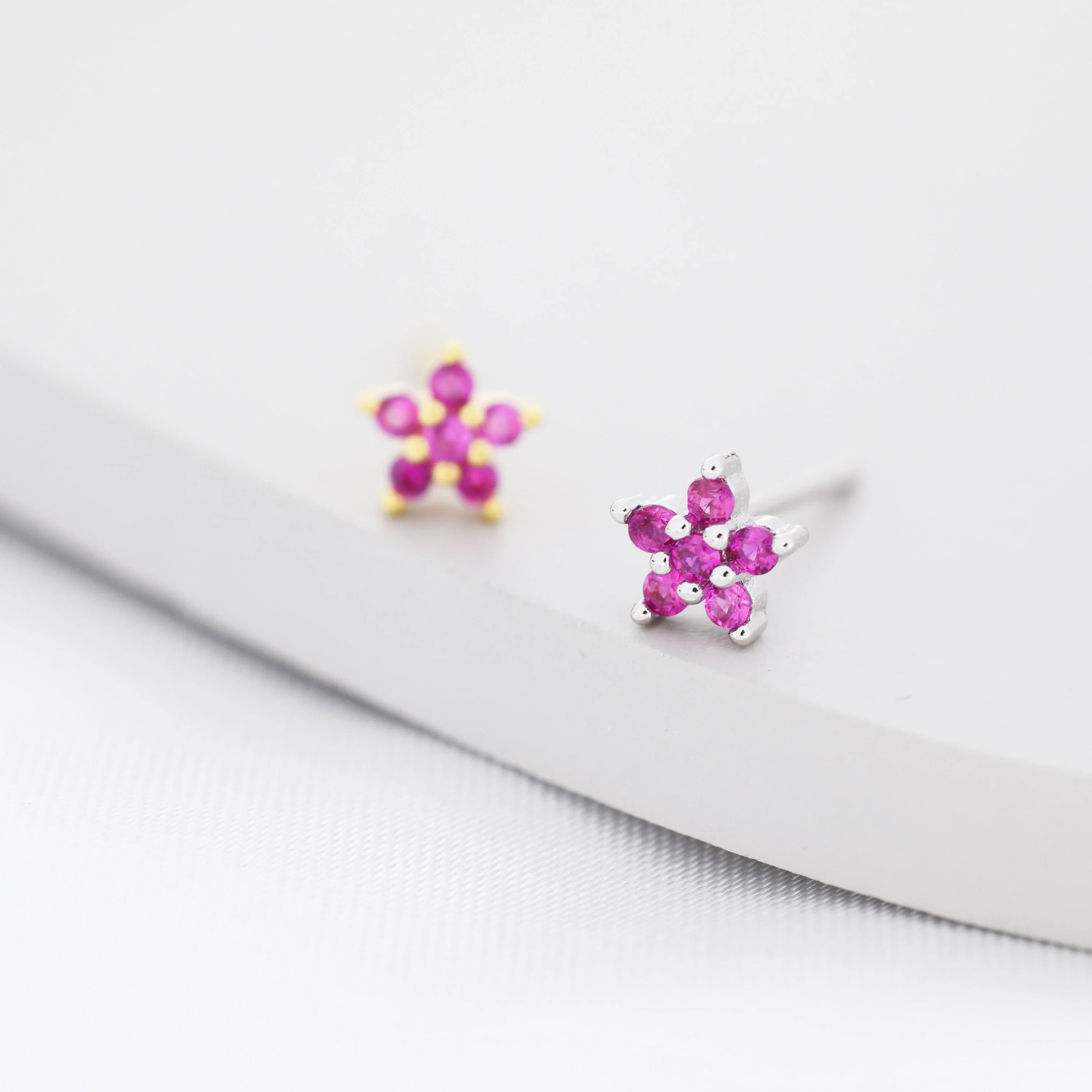Tiny Ruby Pink CZ Flower Stud Earrings in Sterling Silver, Silver or Gold, Pink Crystal Flower Earrings, Stacking Earrings - Image 3