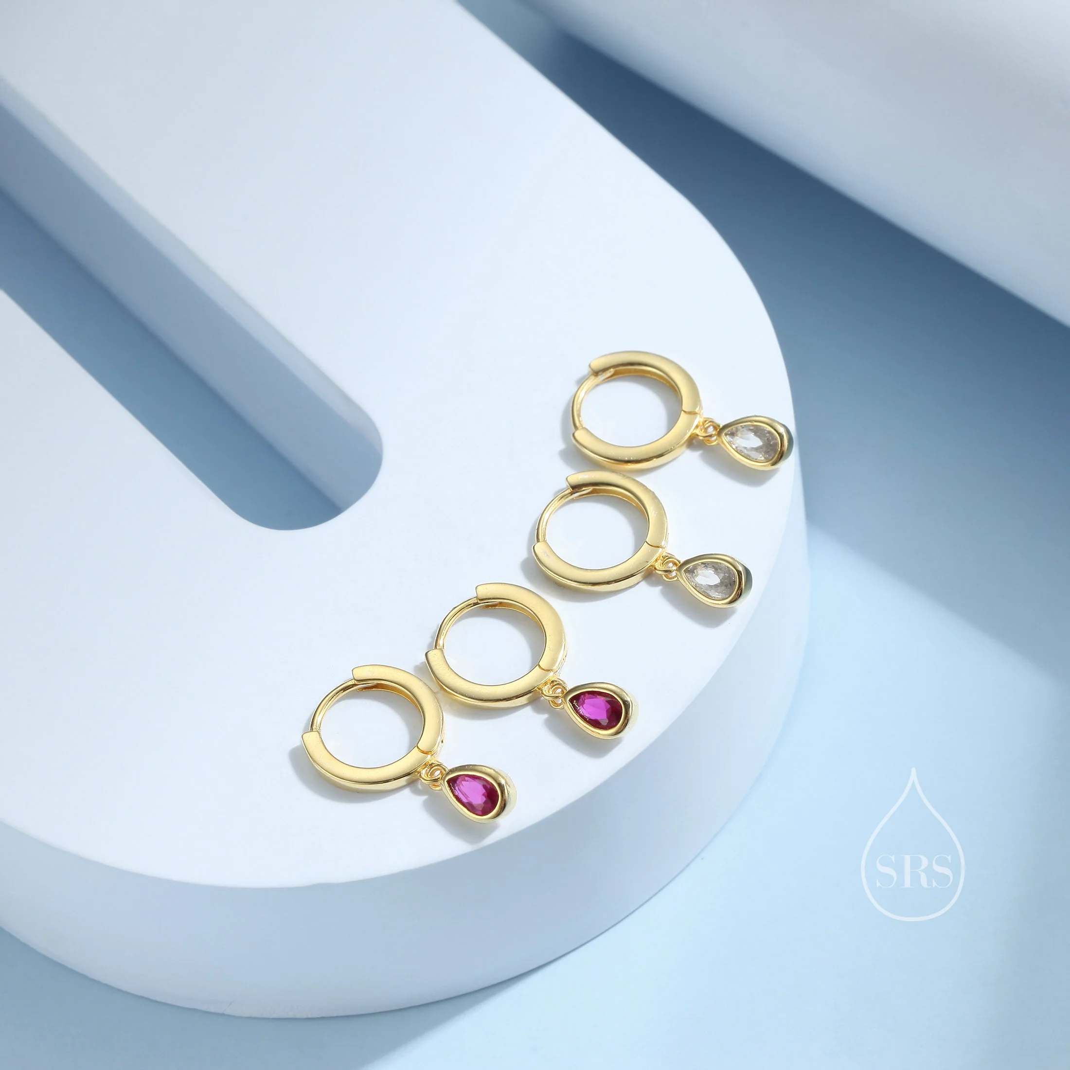 Tiny Ruby Pink Droplet CZ Huggie Hoop Earrings in Sterling Silver, Silver or Gold, Geometric Hoop Earrings, Ruby Red Hoops - Image 7
