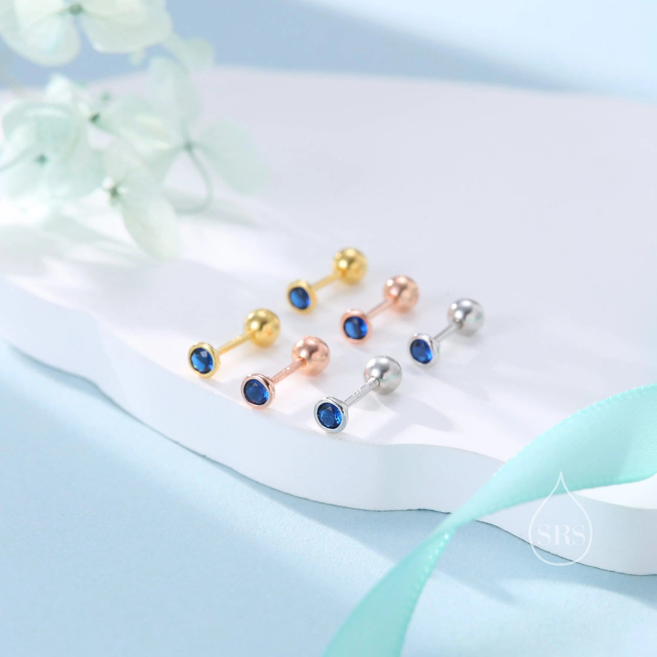 Tiny Sapphire Blue CZ Bezel Screw Back Earrings in Sterling Silver, Silver or Gold, Stacking Earrings, CZ Barbell Earrings, Helix Earring - Image 3