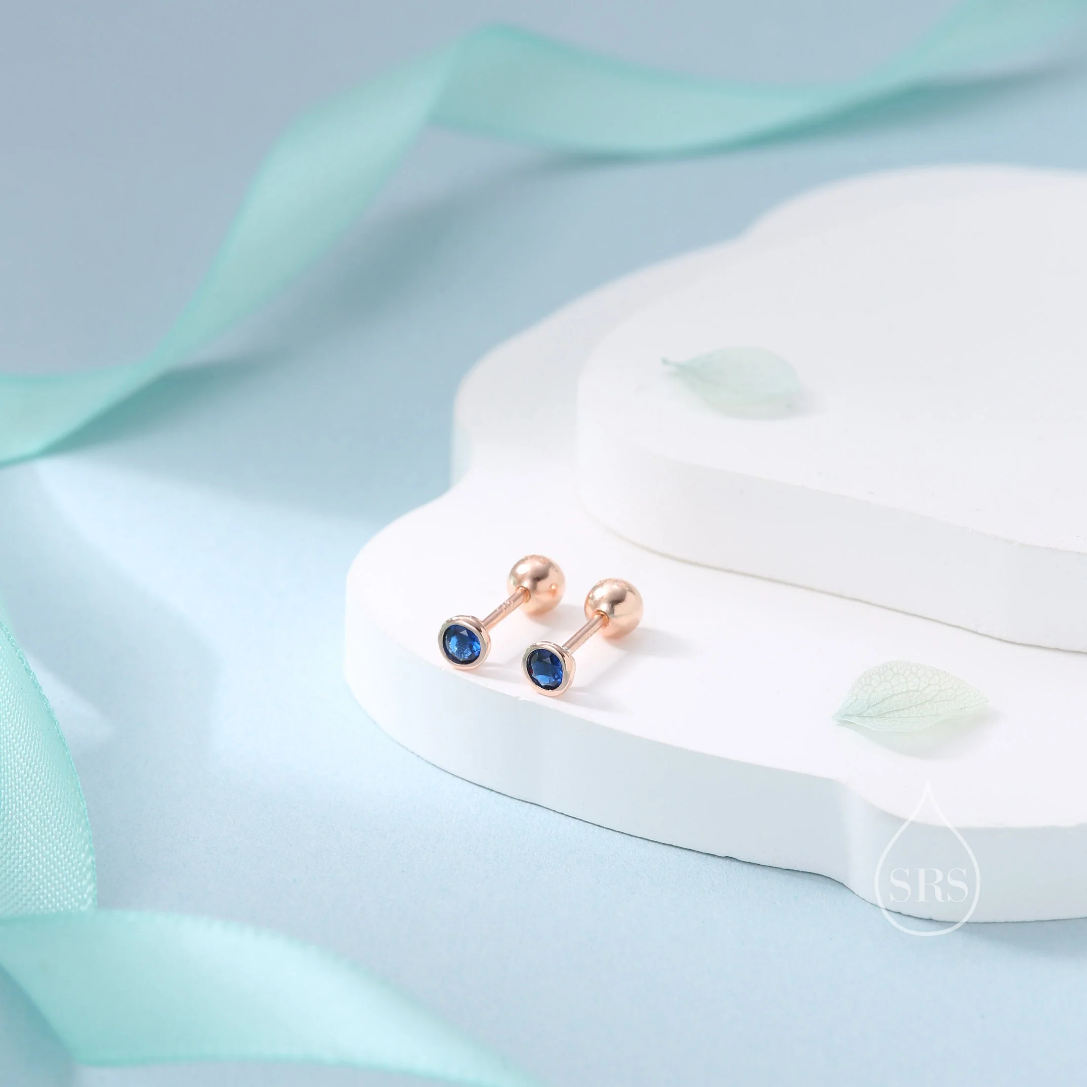 Tiny Sapphire Blue CZ Bezel Screw Back Earrings in Sterling Silver, Silver or Gold, Stacking Earrings, CZ Barbell Earrings, Helix Earring - Image 4