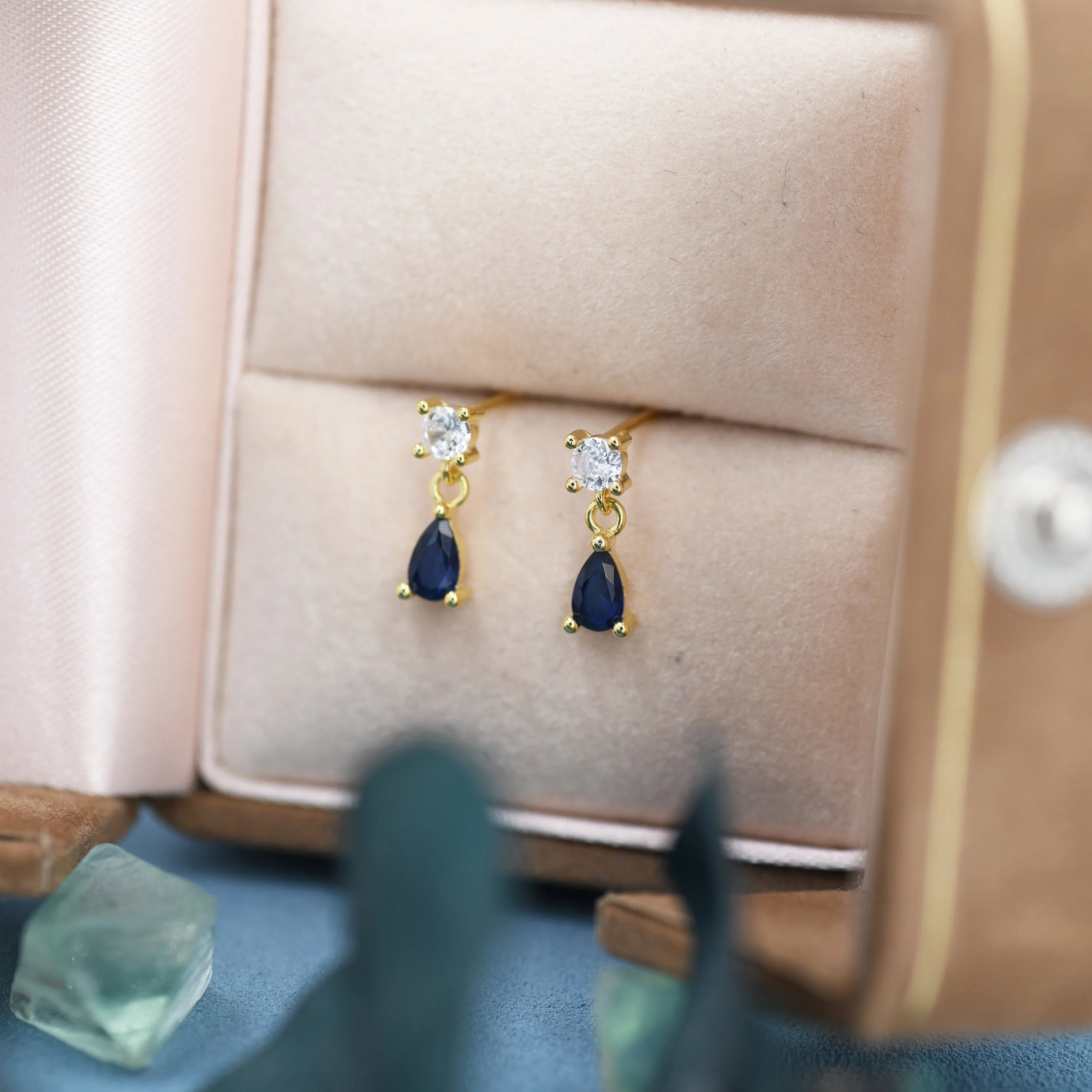 Tiny Sapphire Blue CZ Dangle Stud Earrings in Sterling Silver with Round and Droplet CZ, Silver or Gold, Two CZ Prong Set Earrings - Image 3