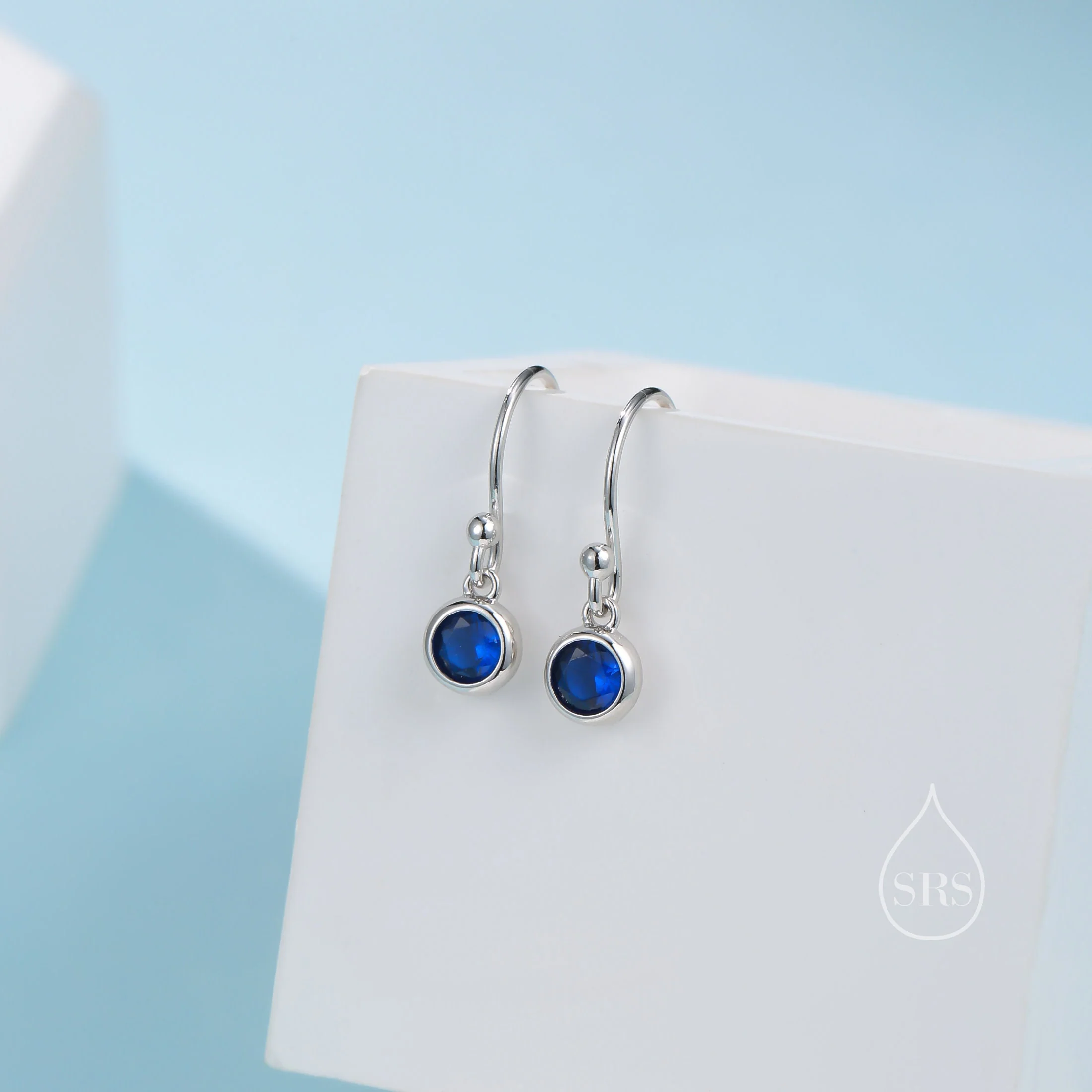 Tiny Sapphire Blue CZ Drop Earrings in Sterling Silver, Cubic Zirconia  Hook Earrings, Silver, Gold or Rose Gold, Minimal Earrings - Image 2