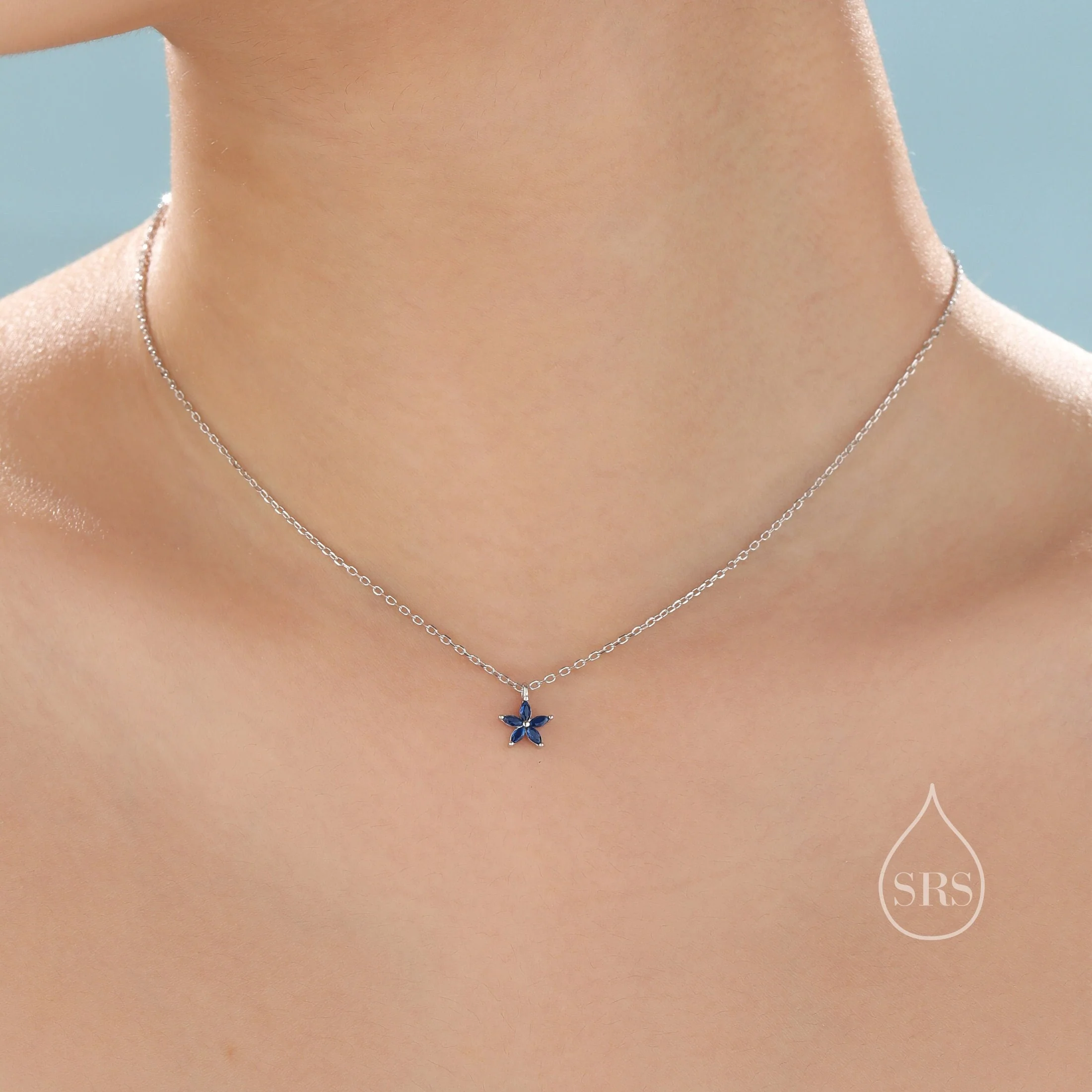 Tiny Sapphire Blue CZ Flower Necklace in Sterling Silver, Silver or Gold, CZ Flower Necklace, CZ Cluster Floral Necklace