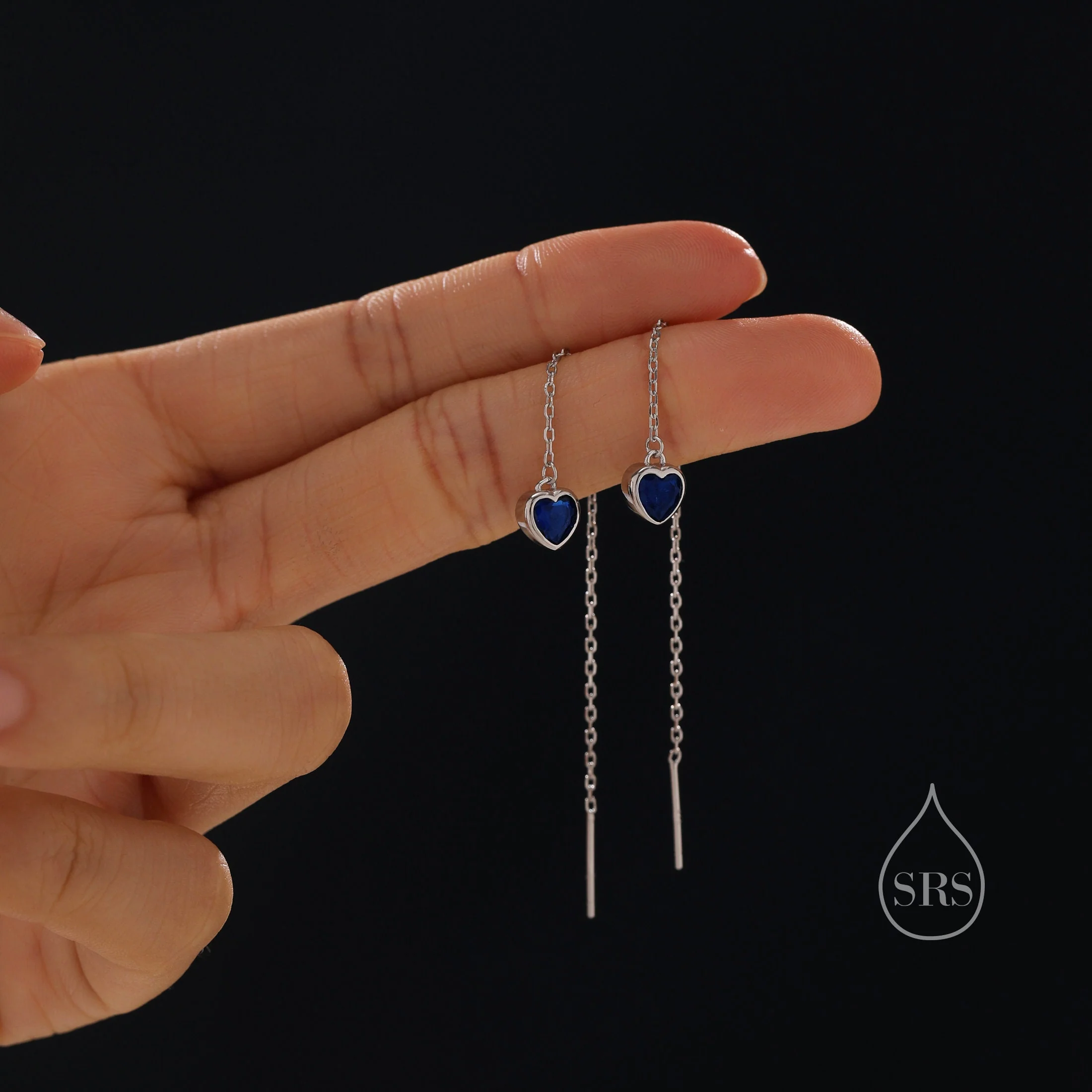 Tiny Sapphire Blue CZ Heart Threader Earrings in Sterling Silver, 9cm, Silver or Gold, Dainty Heart Ear Threaders, Delicate Heart Threaders - Image 2