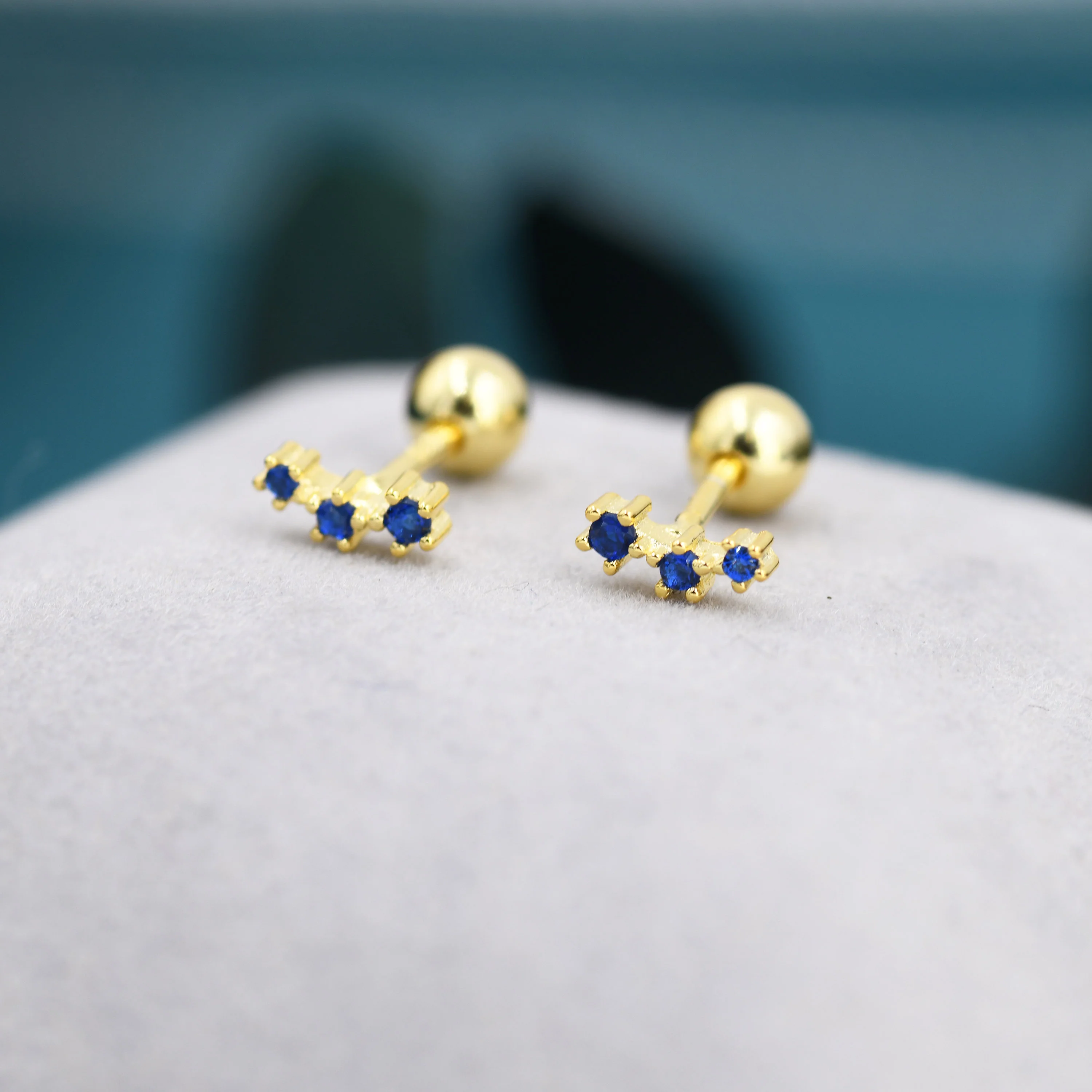 Tiny Sapphire Blue CZ Trio Screw Back Earrings in Sterling Silver, Silver or Gold, Tiny Three Star CZ Barbell Earrings, Stacking Earrings - Image 3