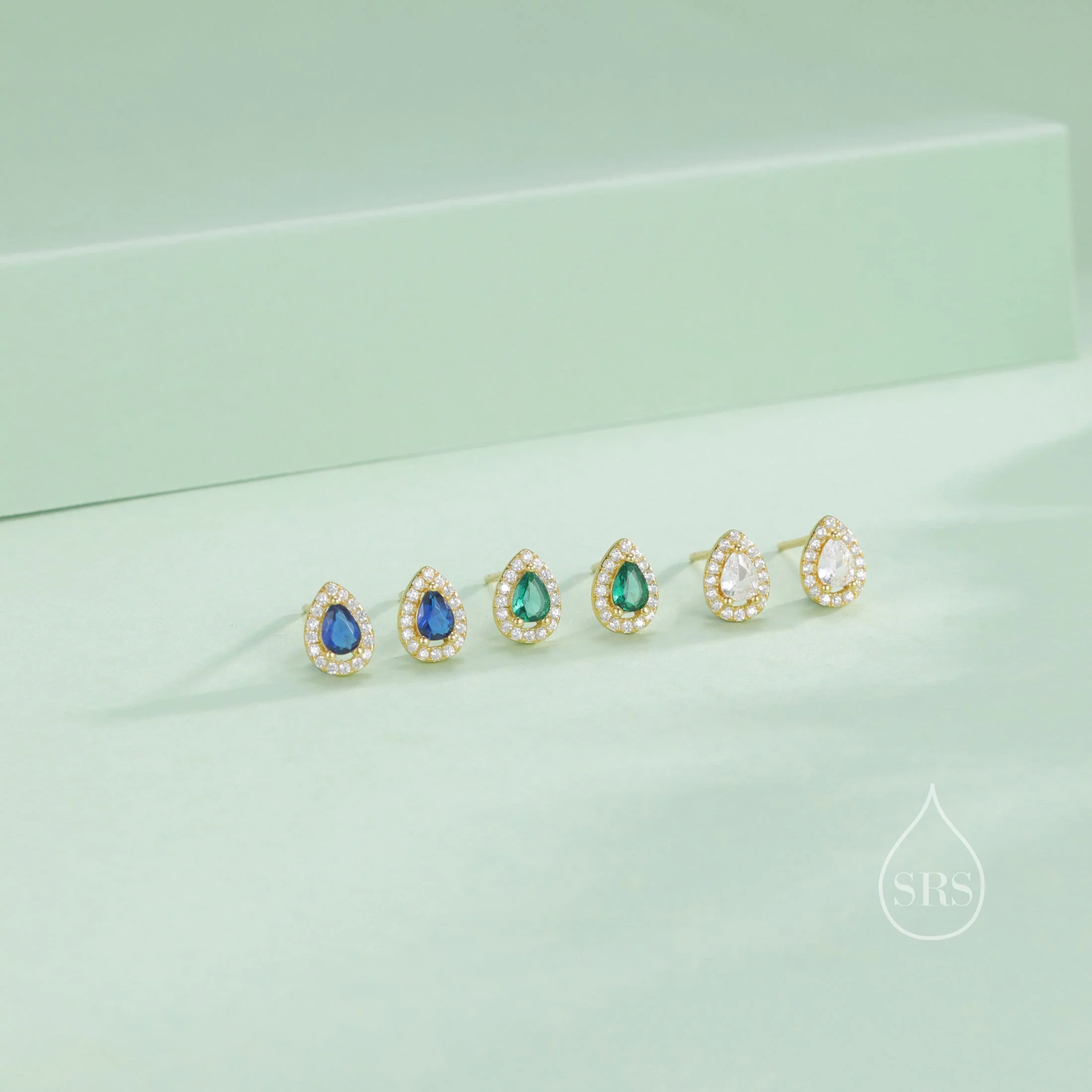Tiny Sapphire Blue Droplet CZ Halo Stud Earrings in Sterling Silver, Silver or Gold, Tiny Pear Cut CZ Stud Earrings, September Birthstone - Image 10