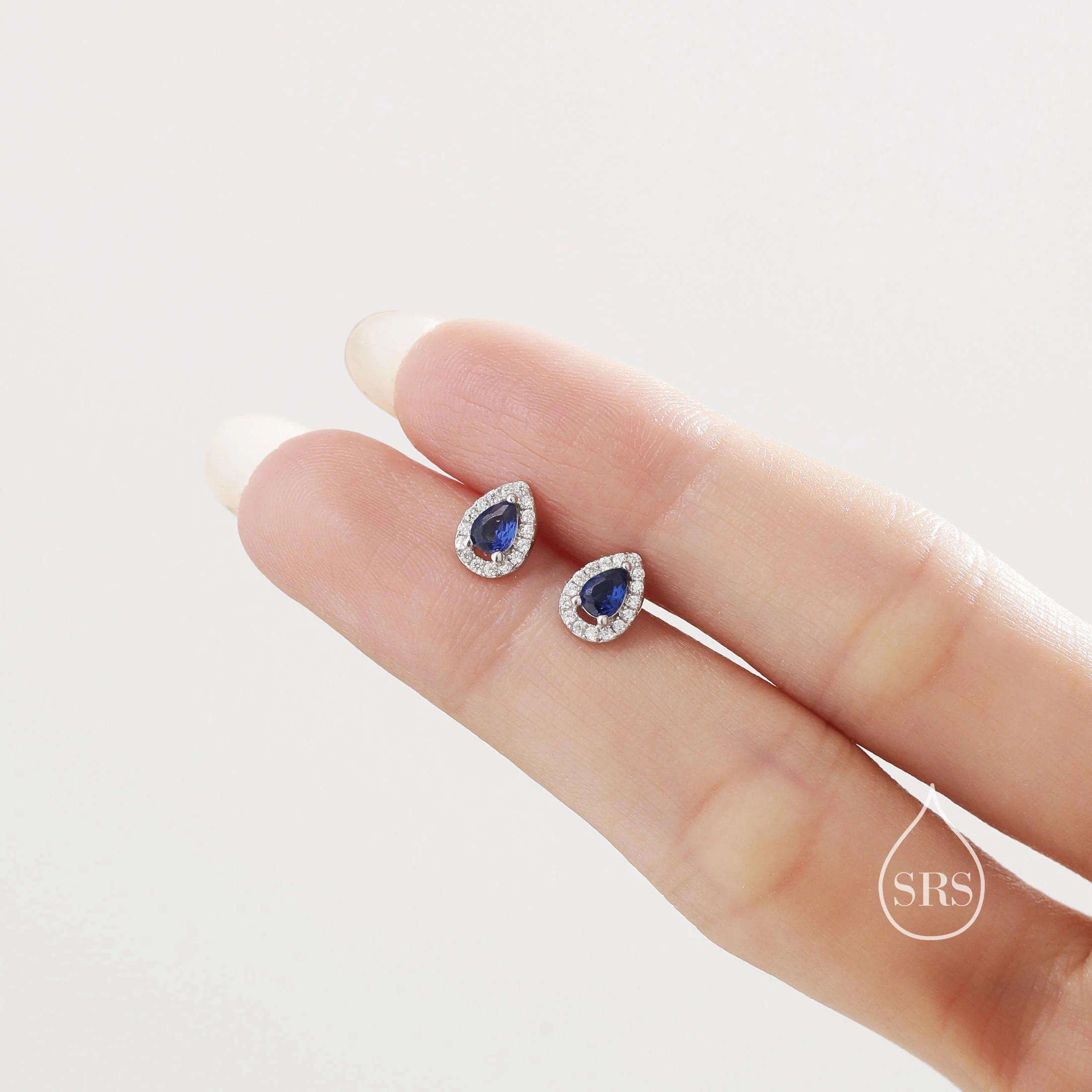 Tiny Sapphire Blue Droplet CZ Halo Stud Earrings in Sterling Silver, Silver or Gold, Tiny Pear Cut CZ Stud Earrings, September Birthstone - Image 2