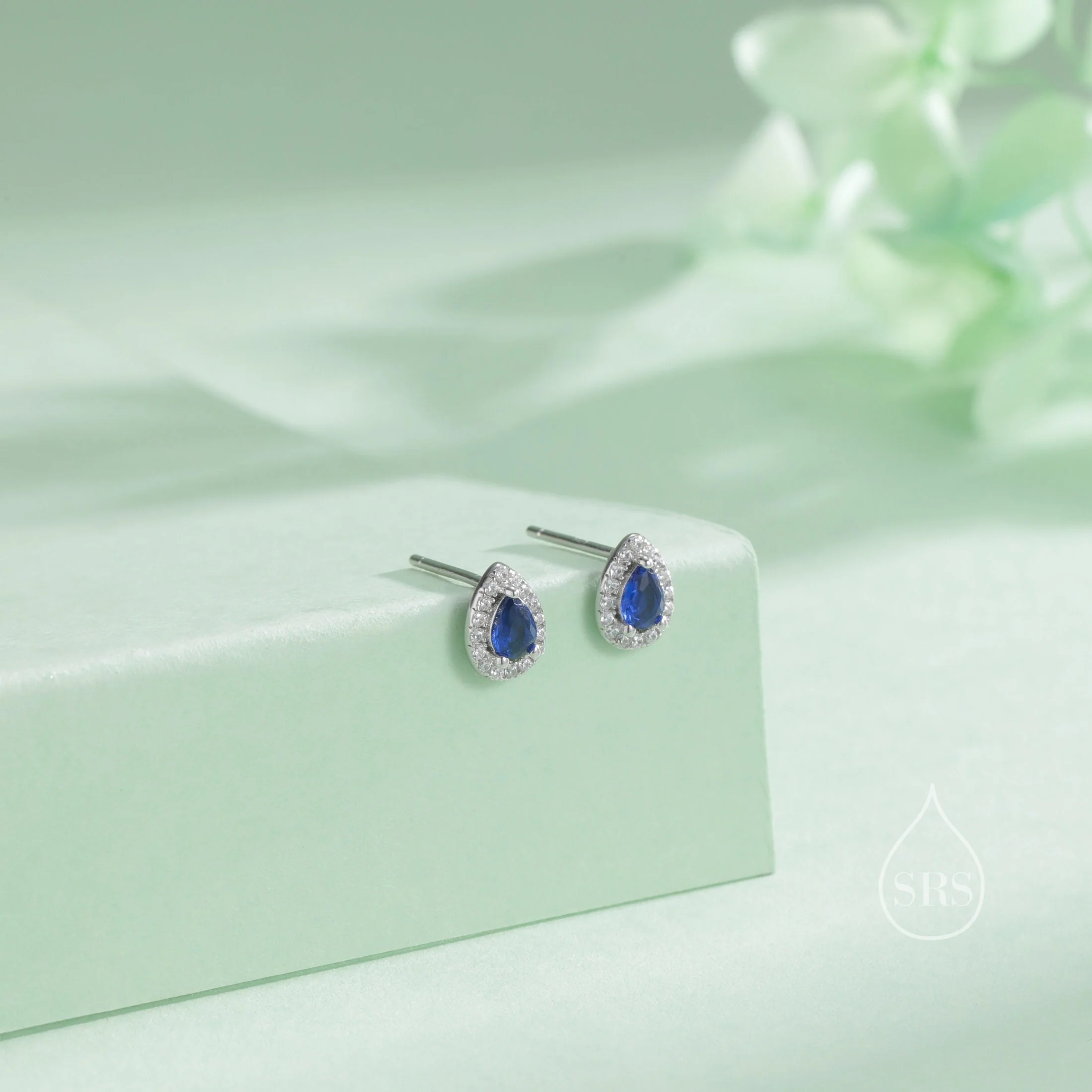 Tiny Sapphire Blue Droplet CZ Halo Stud Earrings in Sterling Silver, Silver or Gold, Tiny Pear Cut CZ Stud Earrings, September Birthstone - Image 3