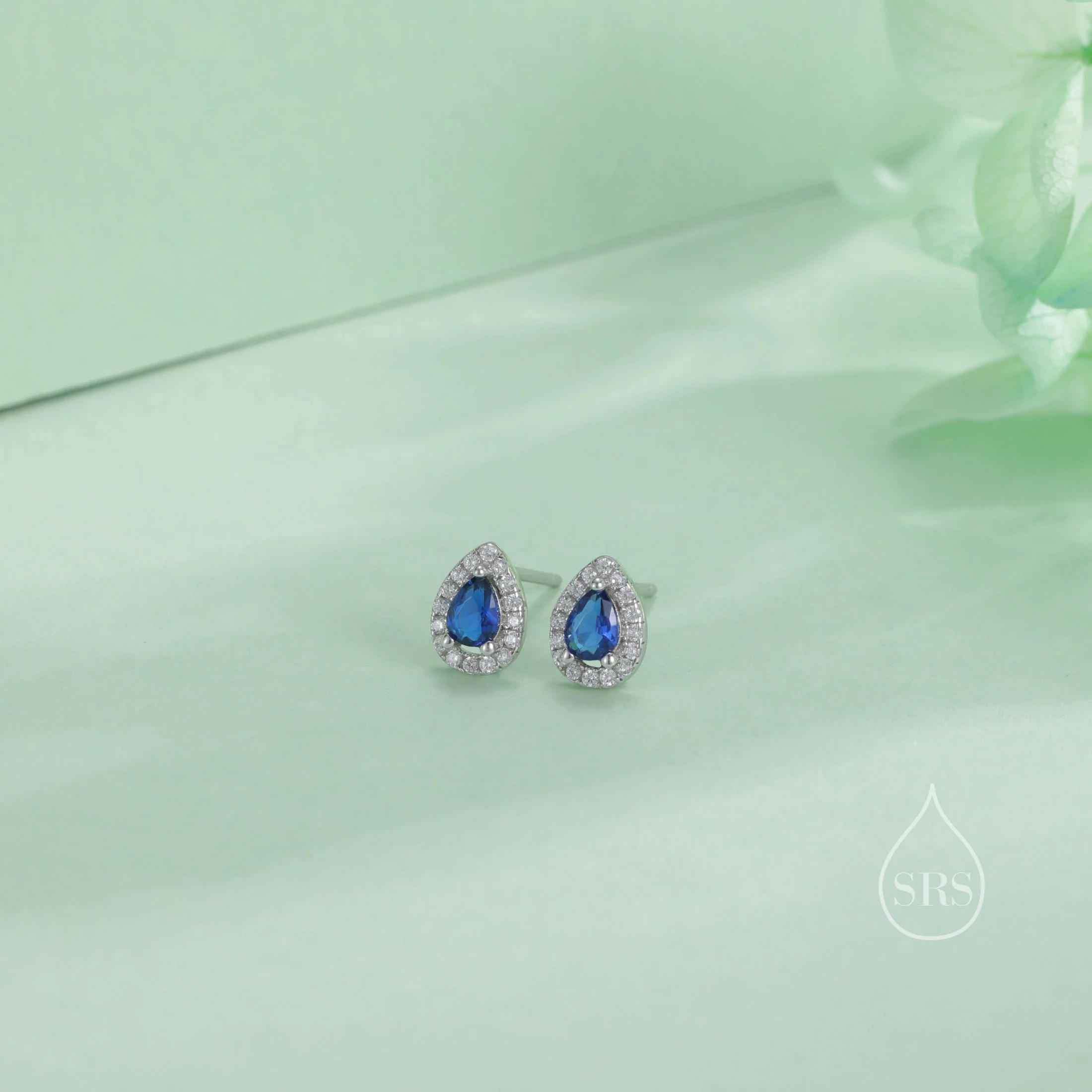 Tiny Sapphire Blue Droplet CZ Halo Stud Earrings in Sterling Silver, Silver or Gold, Tiny Pear Cut CZ Stud Earrings, September Birthstone - Image 4
