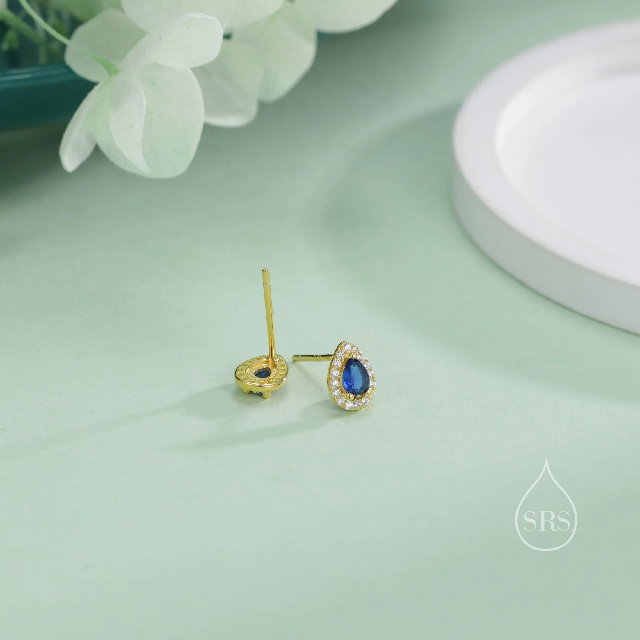 Tiny Sapphire Blue Droplet CZ Halo Stud Earrings in Sterling Silver, Silver or Gold, Tiny Pear Cut CZ Stud Earrings, September Birthstone - Image 5