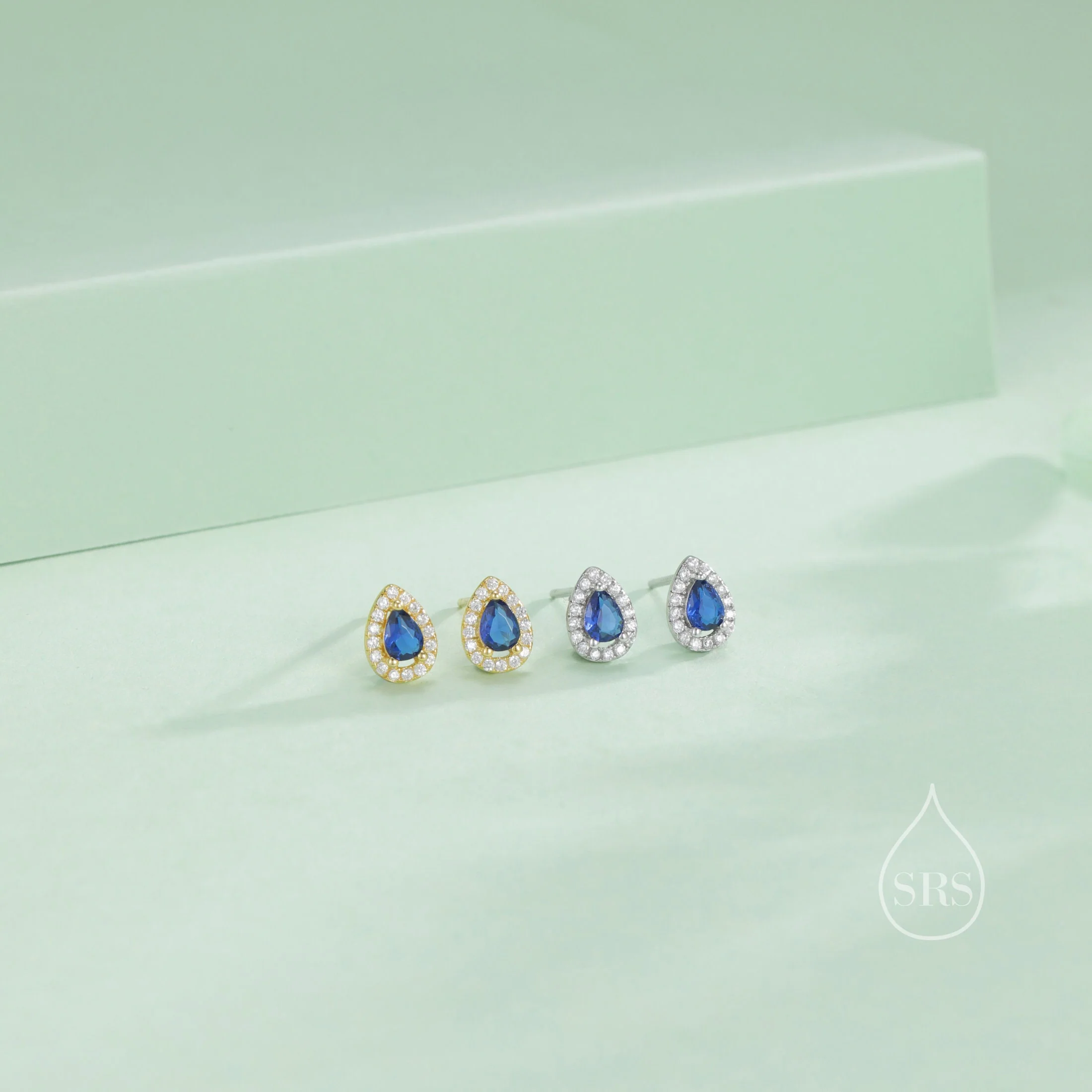 Tiny Sapphire Blue Droplet CZ Halo Stud Earrings in Sterling Silver, Silver or Gold, Tiny Pear Cut CZ Stud Earrings, September Birthstone - Image 6