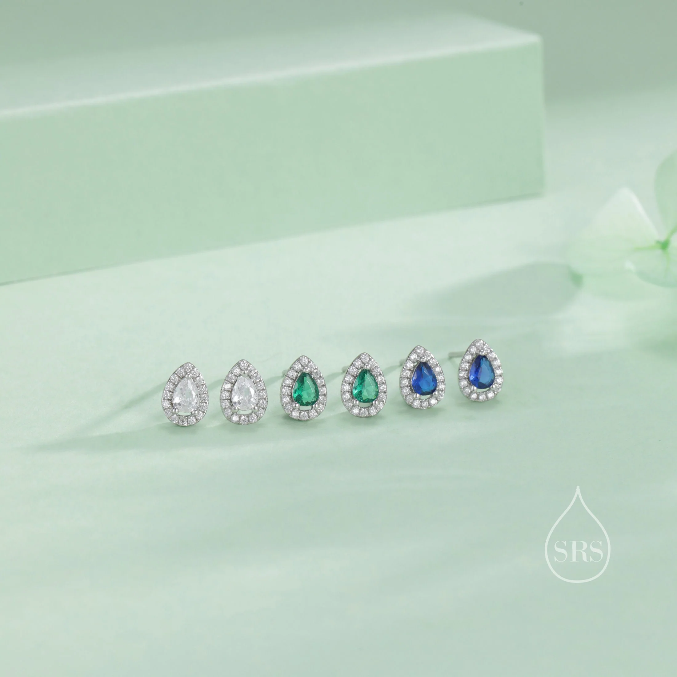 Tiny Sapphire Blue Droplet CZ Halo Stud Earrings in Sterling Silver, Silver or Gold, Tiny Pear Cut CZ Stud Earrings, September Birthstone - Image 9