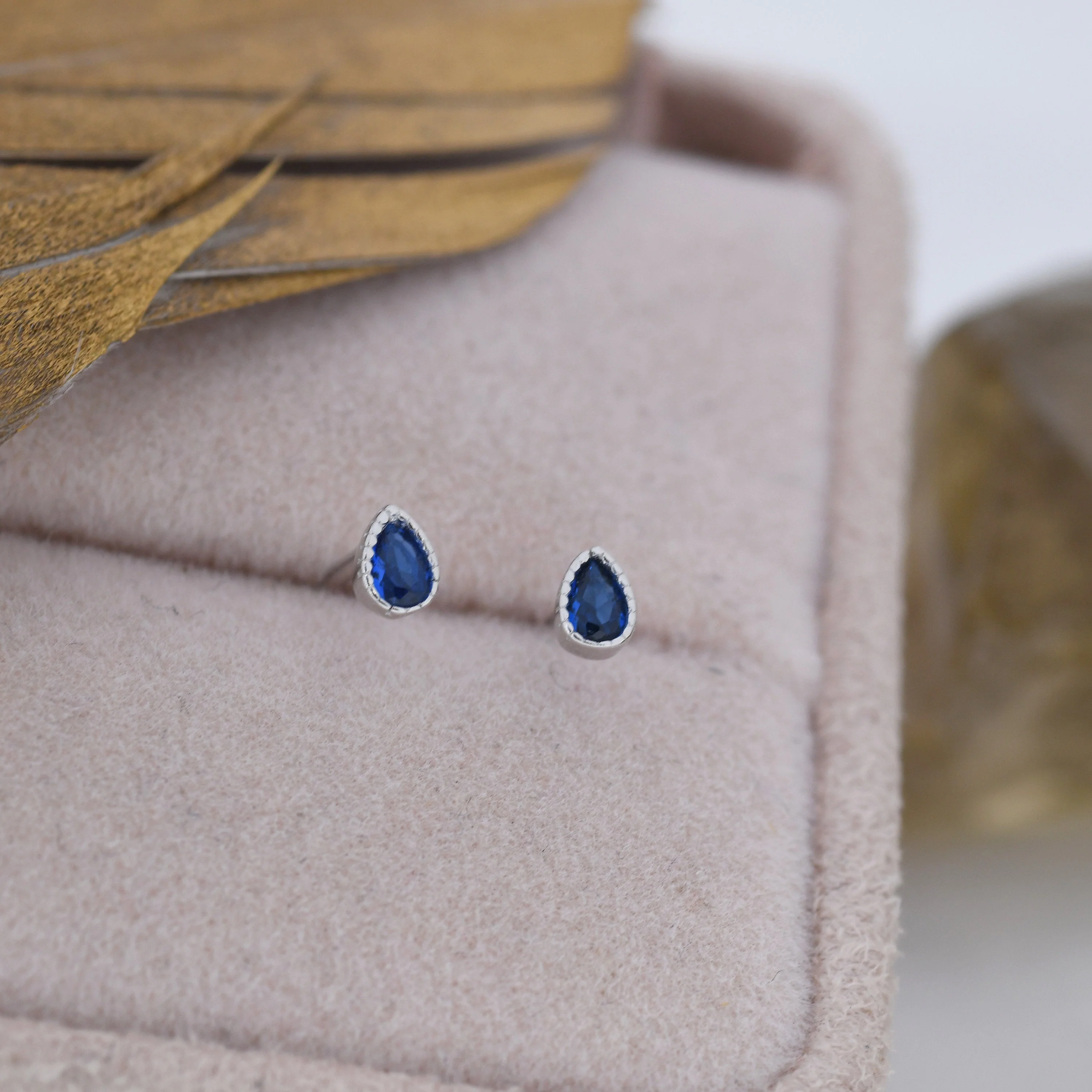 Tiny Sapphire Blue Droplet Stud Earrings in Sterling Silver, Pear Cut CZ Stud Extra Tiny, Stacking Earrings - Image 5