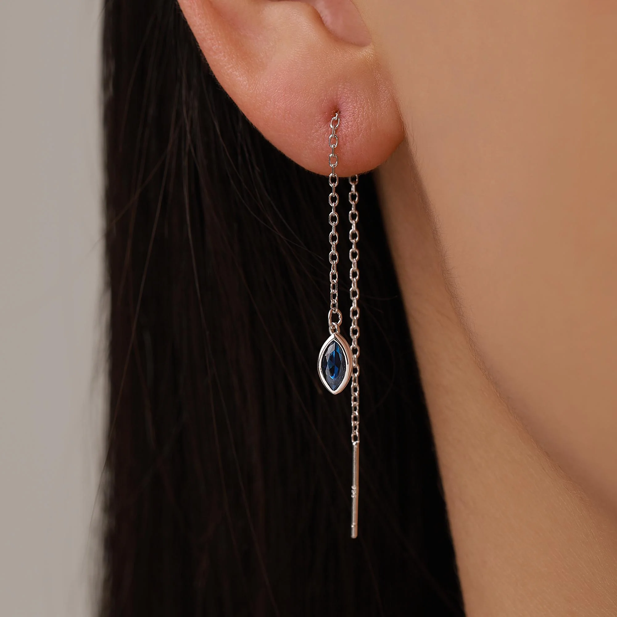 Tiny Sapphire Blue Marquise CZ Threader Earrings in Sterling Silver, Silver or Gold, Marquise Cut CZ Ear Threaders, Sparkly Threaders