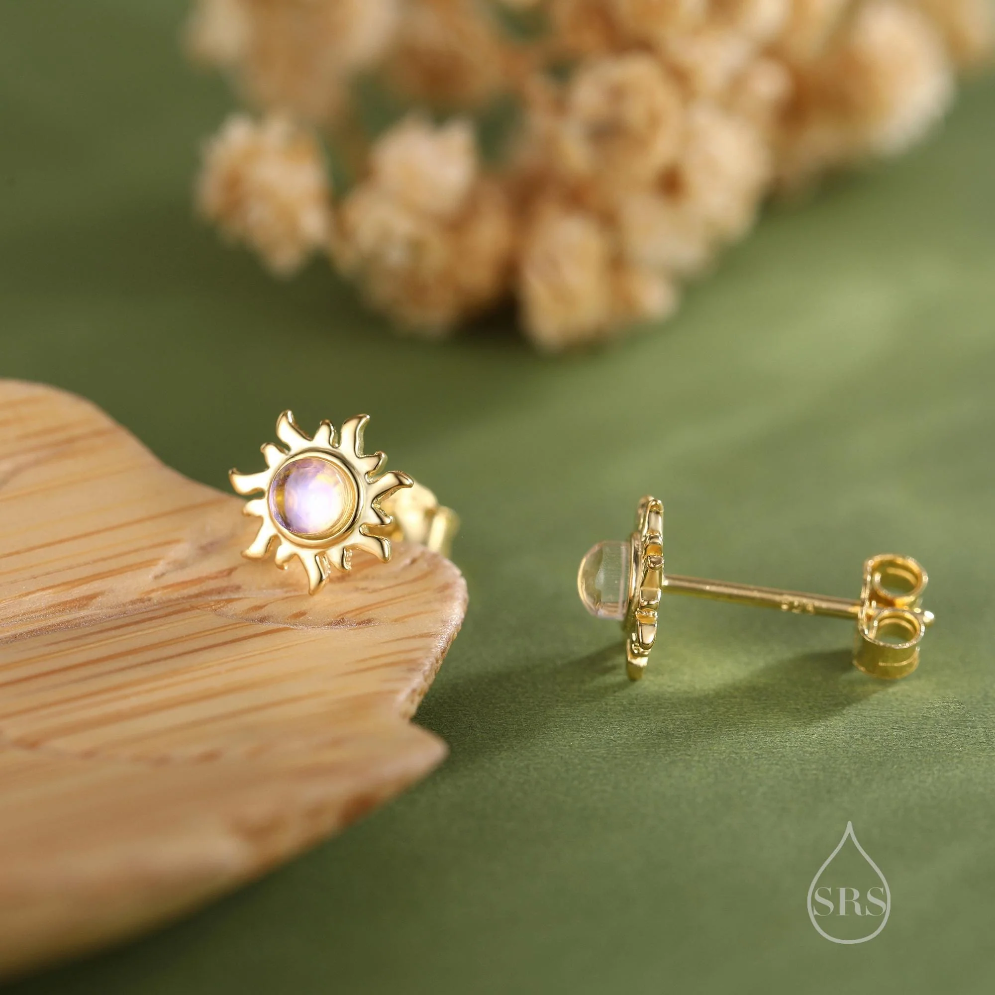Tiny Sun Stud Earrings in Sterling Silver with Simulated Moonstone, Silver or Gold, Sun Earrings, Celestial Earrings - Image 3