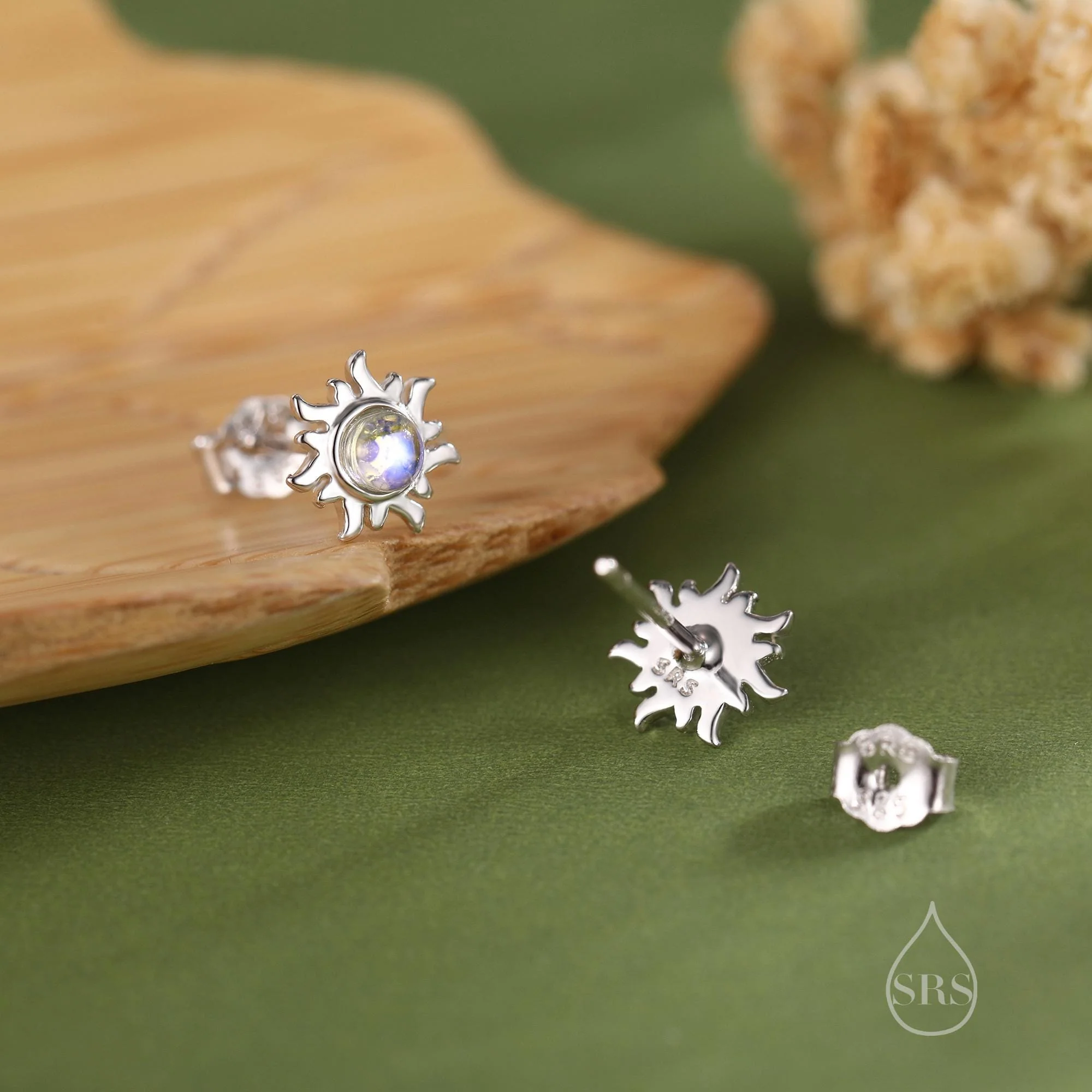 Tiny Sun Stud Earrings in Sterling Silver with Simulated Moonstone, Silver or Gold, Sun Earrings, Celestial Earrings - Image 4