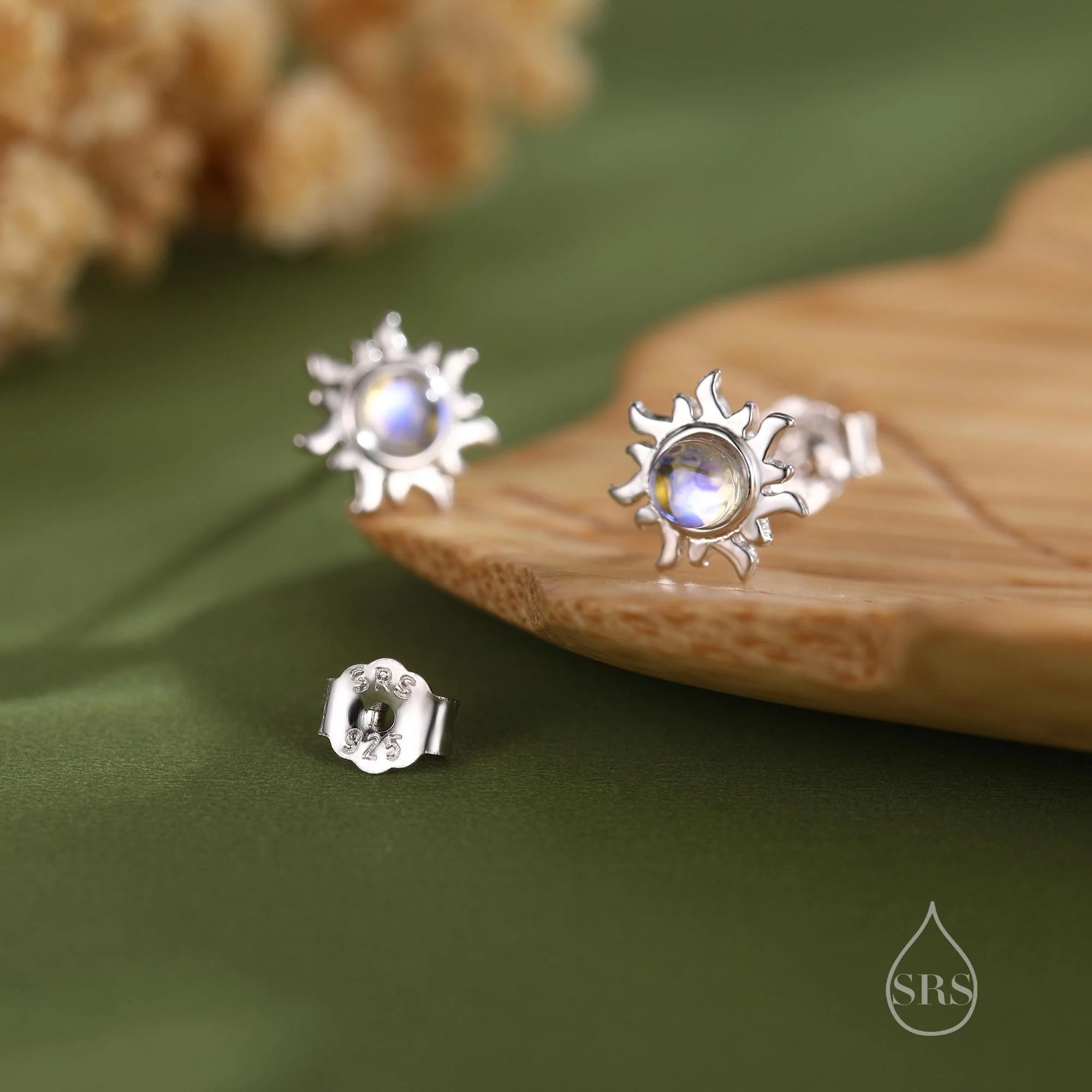 Tiny Sun Stud Earrings in Sterling Silver with Simulated Moonstone, Silver or Gold, Sun Earrings, Celestial Earrings - Image 5
