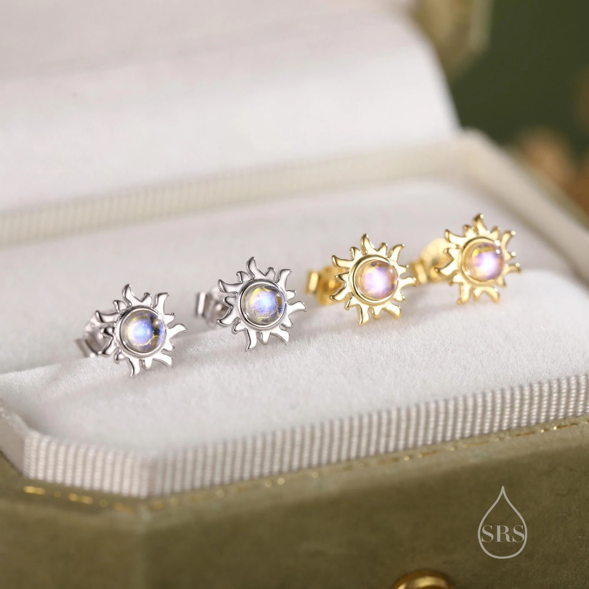 Tiny Sun Stud Earrings in Sterling Silver with Simulated Moonstone, Silver or Gold, Sun Earrings, Celestial Earrings - Image 6