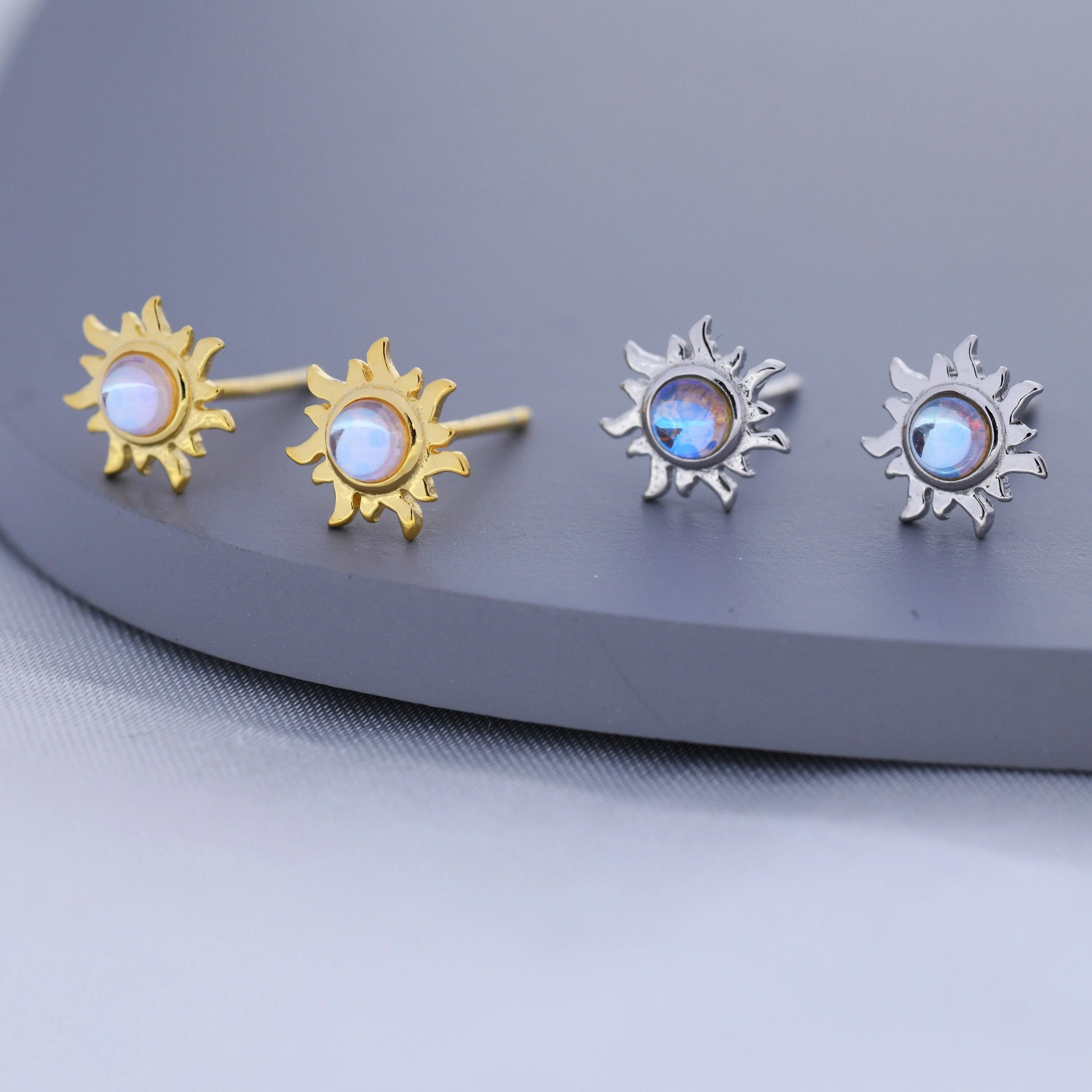 Tiny Sun Stud Earrings in Sterling Silver with Simulated Moonstone, Silver or Gold, Sun Earrings, Celestial Earrings - Image 8