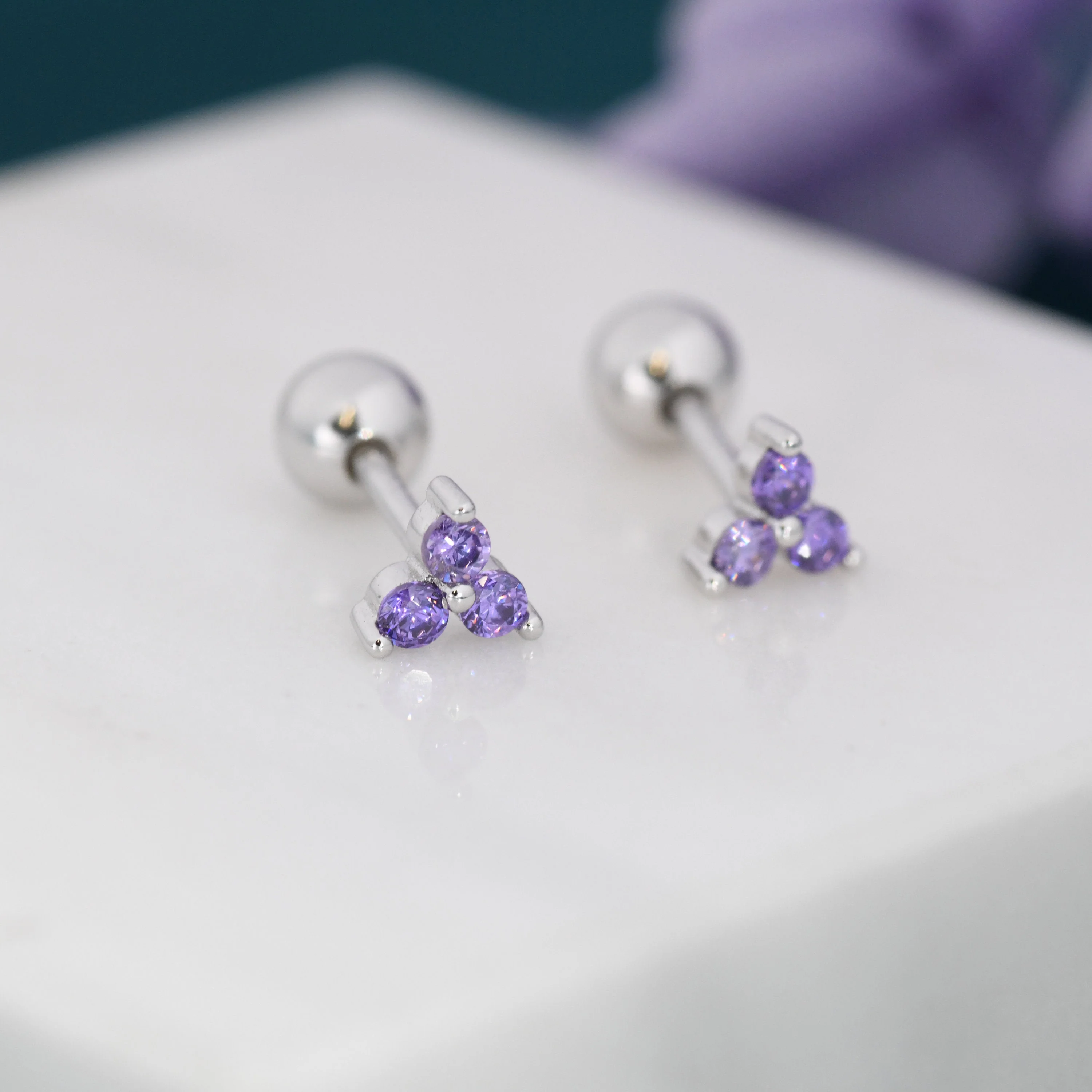 Tiny Three Amethyst Purple CZ Screw Back Earrings in Sterling Silver, Purple CZ Trinity Screwback, CZ Trio Earrings - Image 2