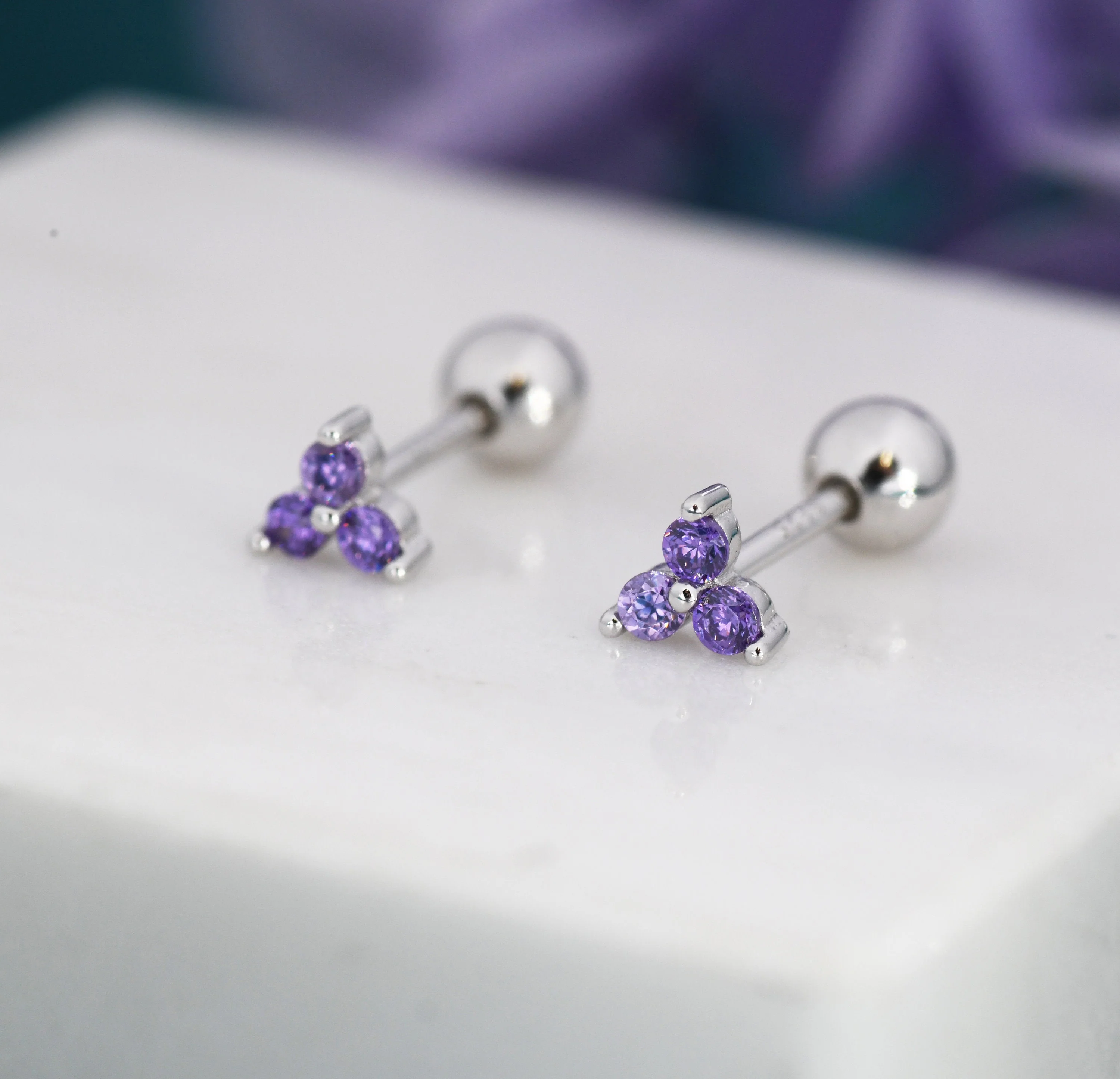Tiny Three Amethyst Purple CZ Screw Back Earrings in Sterling Silver, Purple CZ Trinity Screwback, CZ Trio Earrings - Image 3