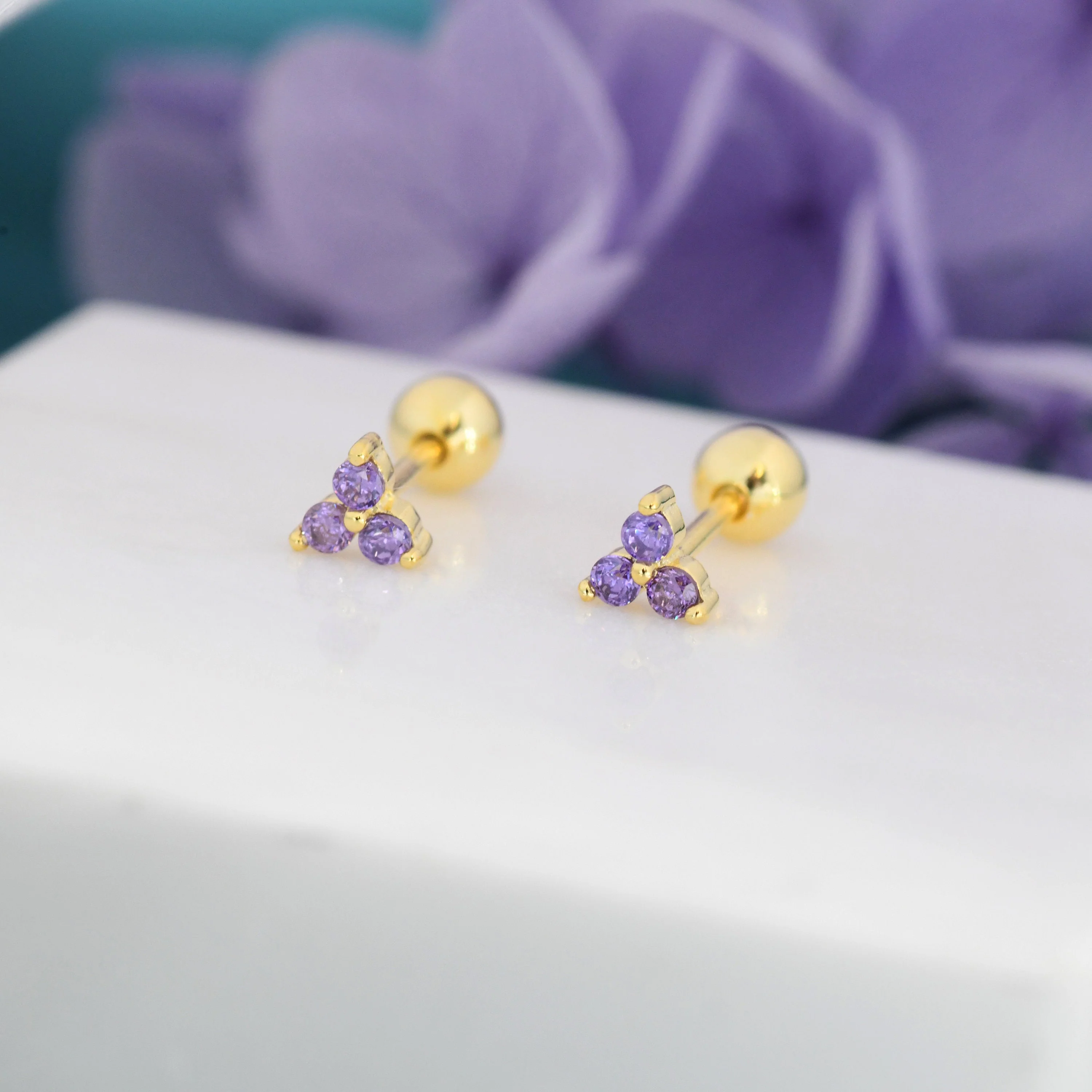 Tiny Three Amethyst Purple CZ Screw Back Earrings in Sterling Silver, Purple CZ Trinity Screwback, CZ Trio Earrings - Image 4