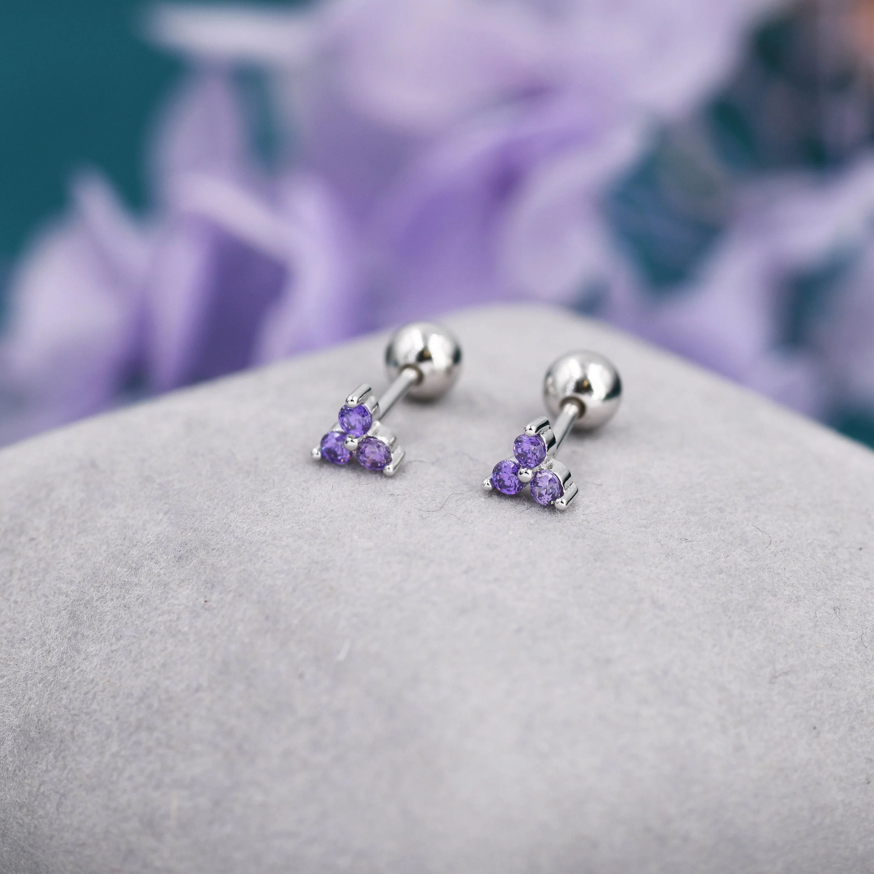 Tiny Three Amethyst Purple CZ Screw Back Earrings in Sterling Silver, Purple CZ Trinity Screwback, CZ Trio Earrings - Image 5