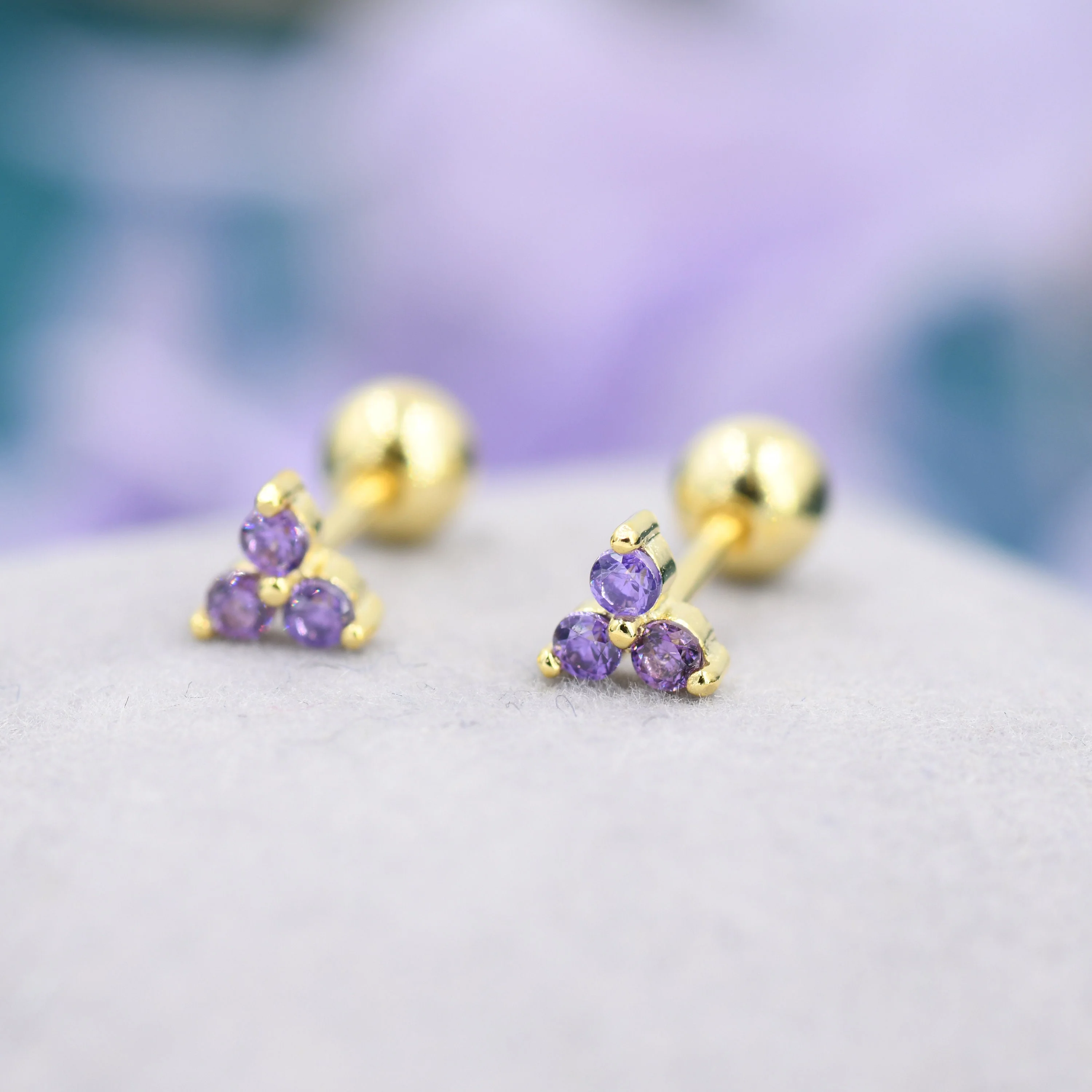 Tiny Three Amethyst Purple CZ Screw Back Earrings in Sterling Silver, Purple CZ Trinity Screwback, CZ Trio Earrings - Image 6