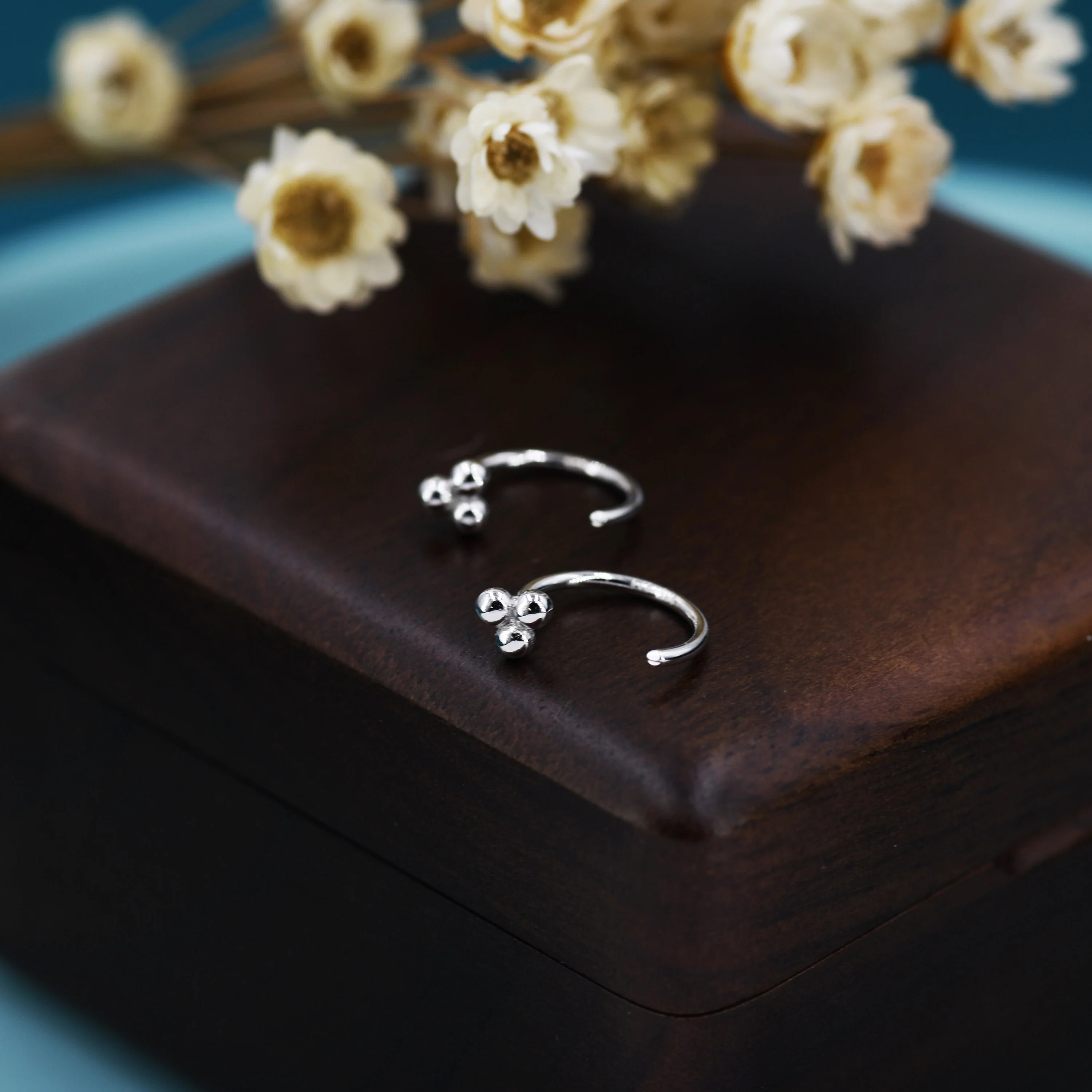 Tiny Three Ball Huggie Hoop Earrings in Sterling Silver, Three Ball Cluster Earrings, Open Hoops, Pull-Through Threader Earrings, - Image 4