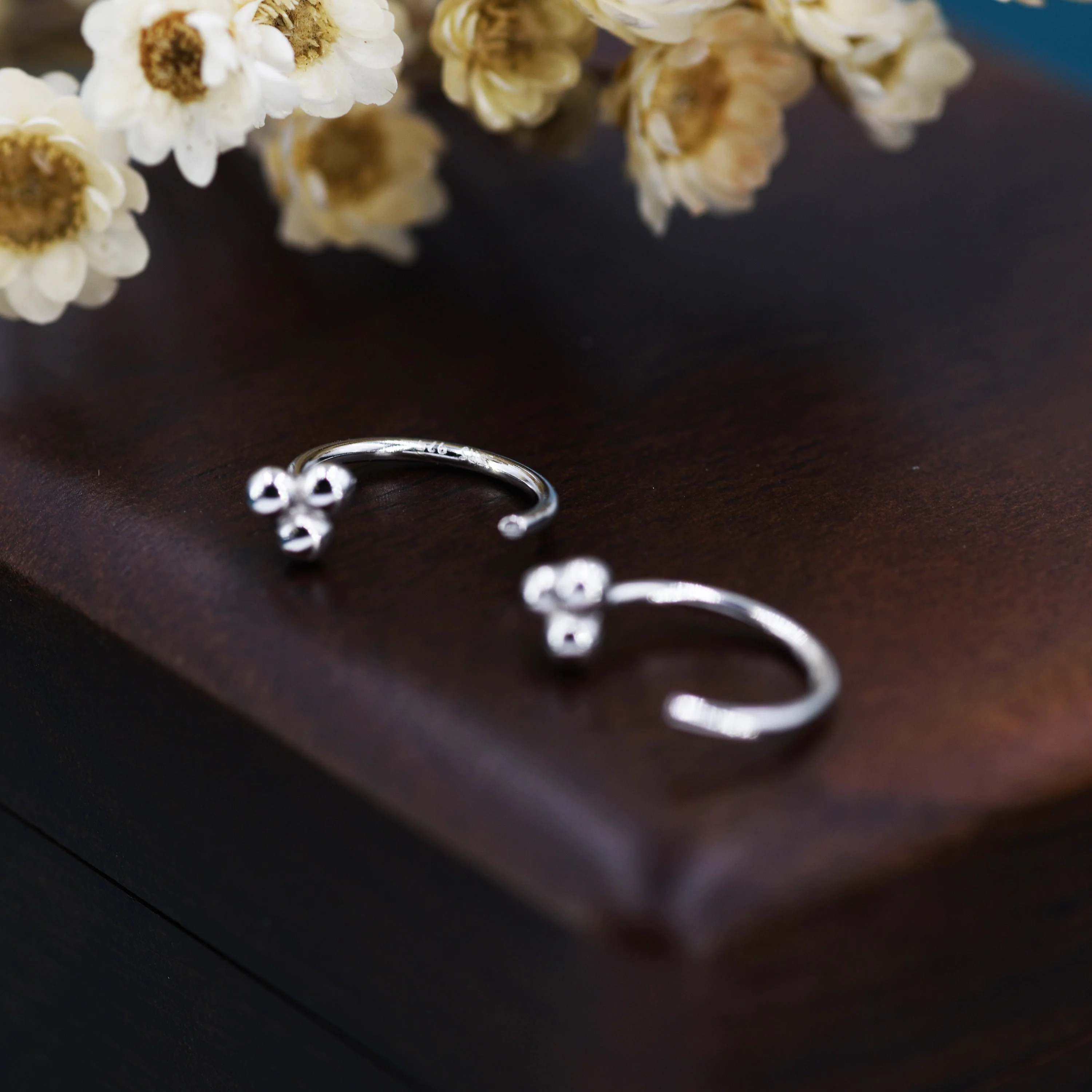 Tiny Three Ball Huggie Hoop Earrings in Sterling Silver, Three Ball Cluster Earrings, Open Hoops, Pull-Through Threader Earrings, - Image 5