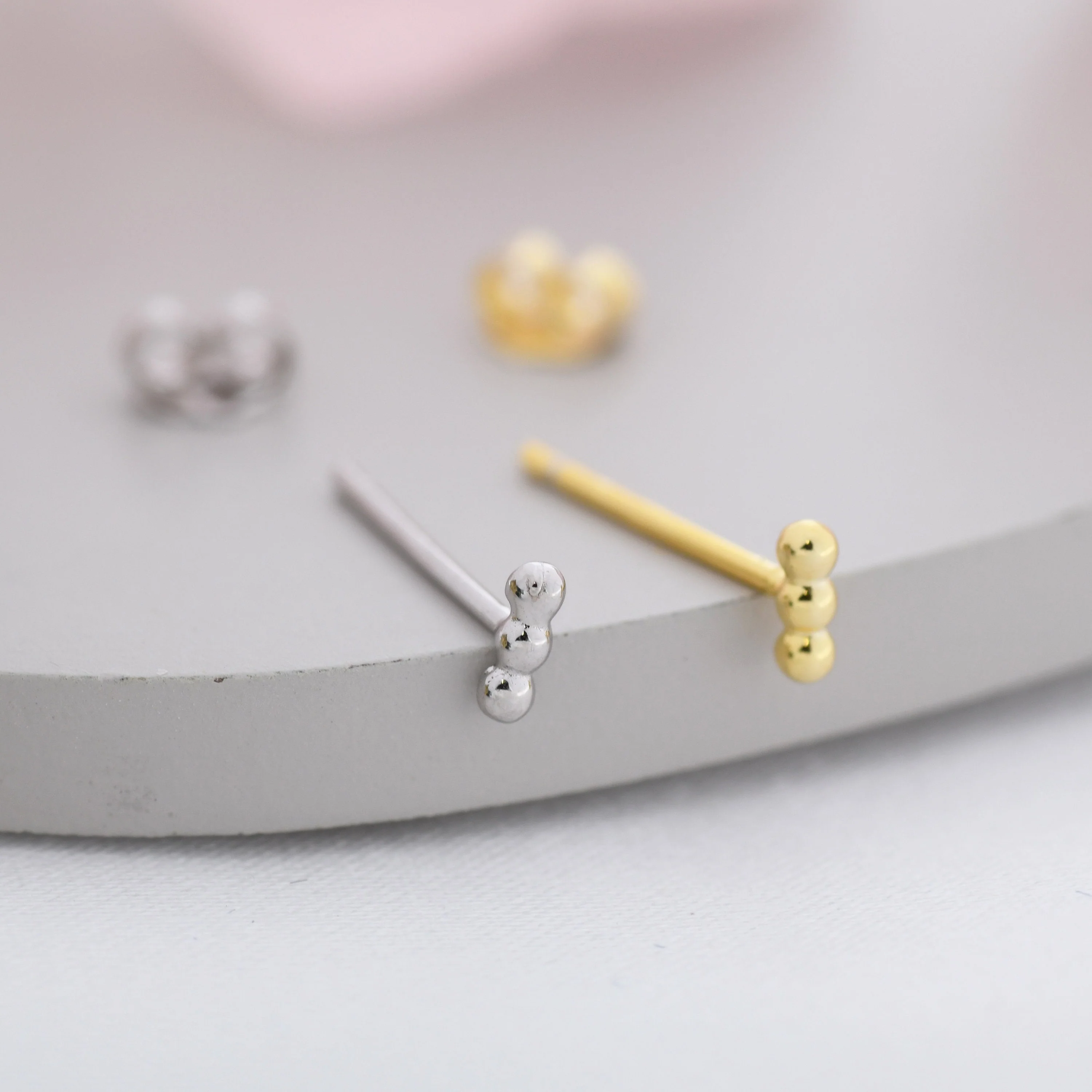 Extra Tiny Three Dot Stud Earrings in Sterling Silver, Tiny Bar Earrings, Beaded Bar, Bauble Earrings, Silver or Gold, Stacking Earrings - Image 7