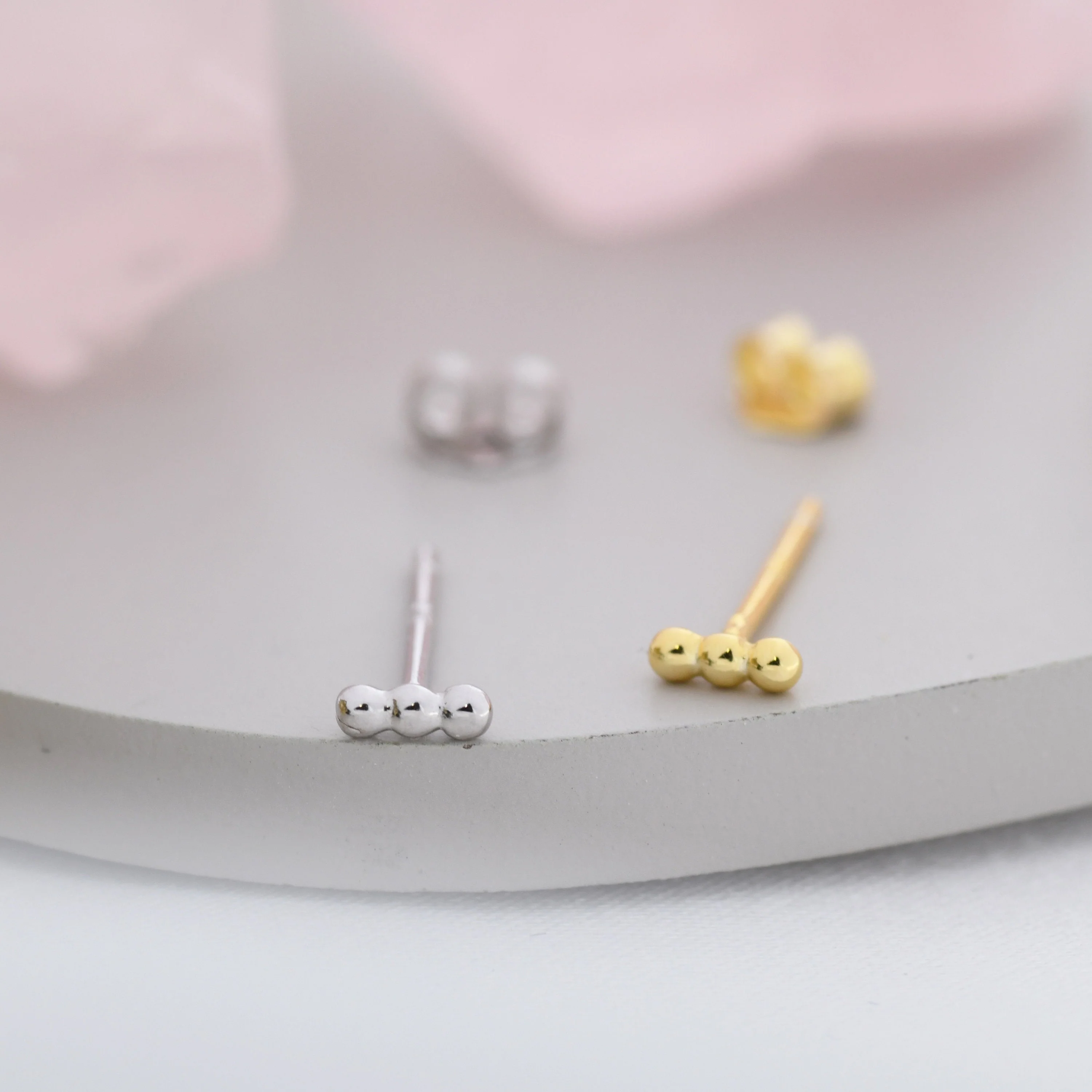 Extra Tiny Three Dot Stud Earrings in Sterling Silver, Tiny Bar Earrings, Beaded Bar, Bauble Earrings, Silver or Gold, Stacking Earrings - Image 8