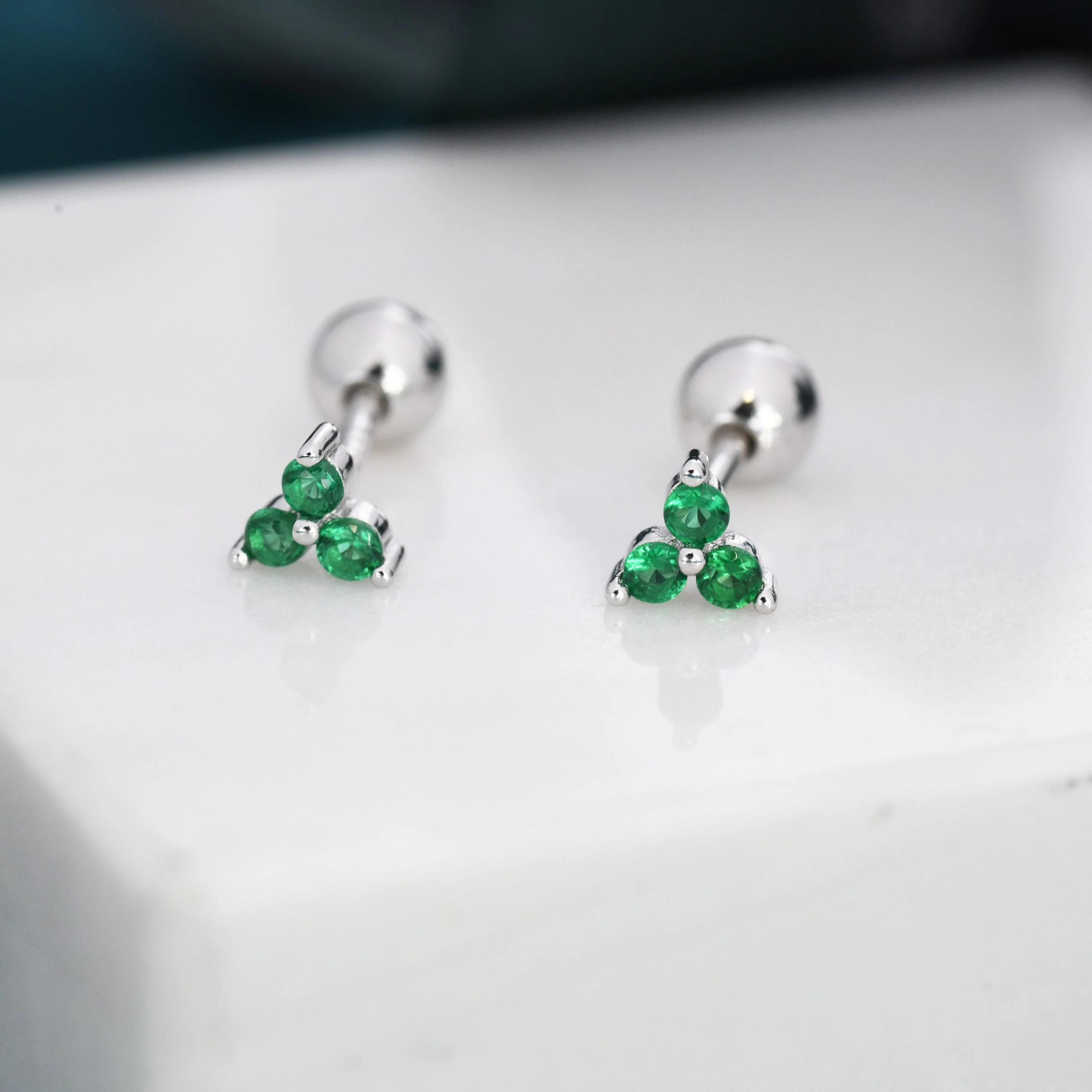 Tiny Three Emerald Green CZ Screw Back Earrings in Sterling Silver, Green CZ Trinity Screwback, CZ Trio Earrings - Image 6