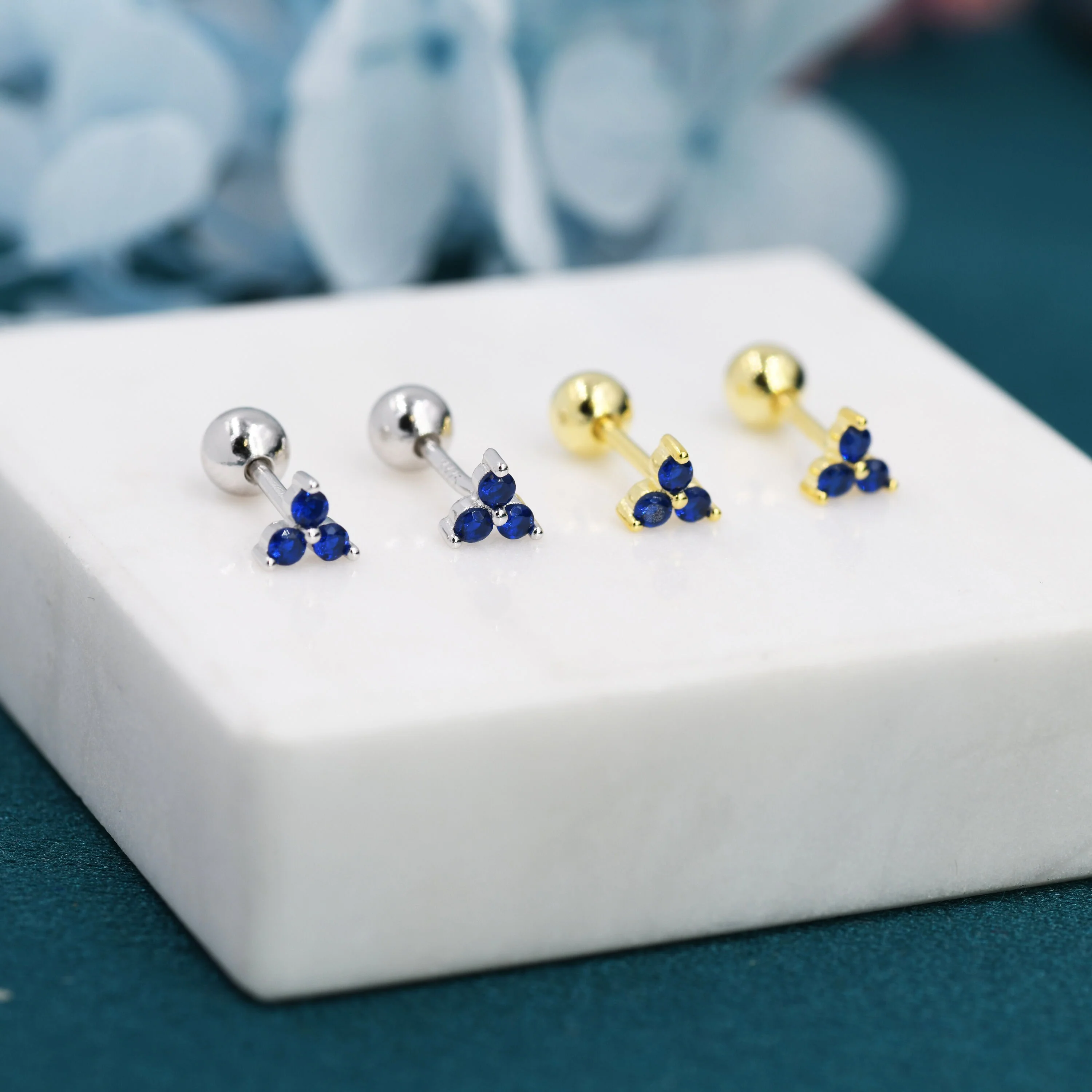 Tiny Three Sapphire Blue CZ Screw Back Earrings in Sterling Silver, Blue CZ Trinity Screwback, CZ Trio Earrings - Image 2