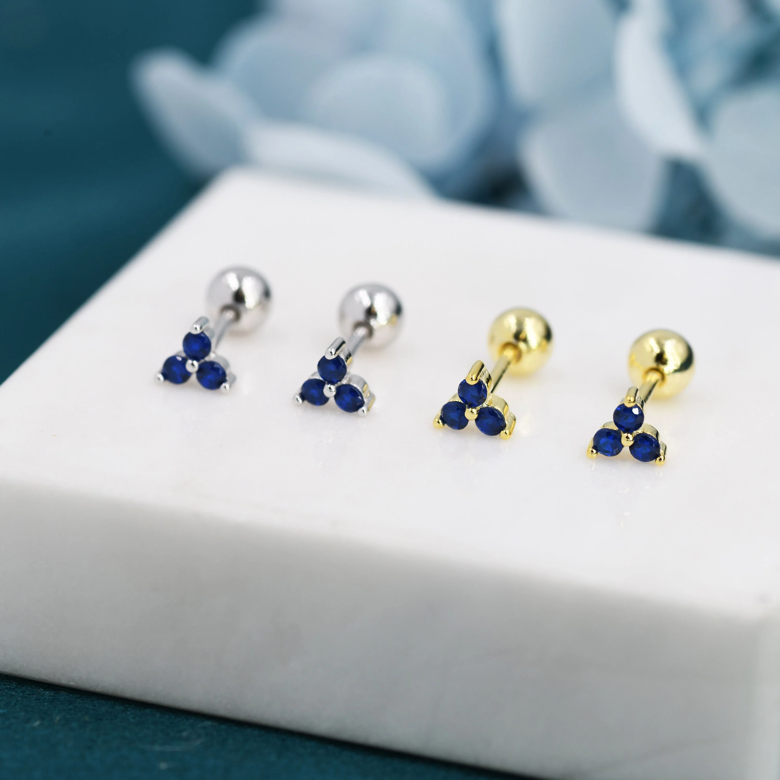 Tiny Three Sapphire Blue CZ Screw Back Earrings in Sterling Silver, Blue CZ Trinity Screwback, CZ Trio Earrings - Image 3