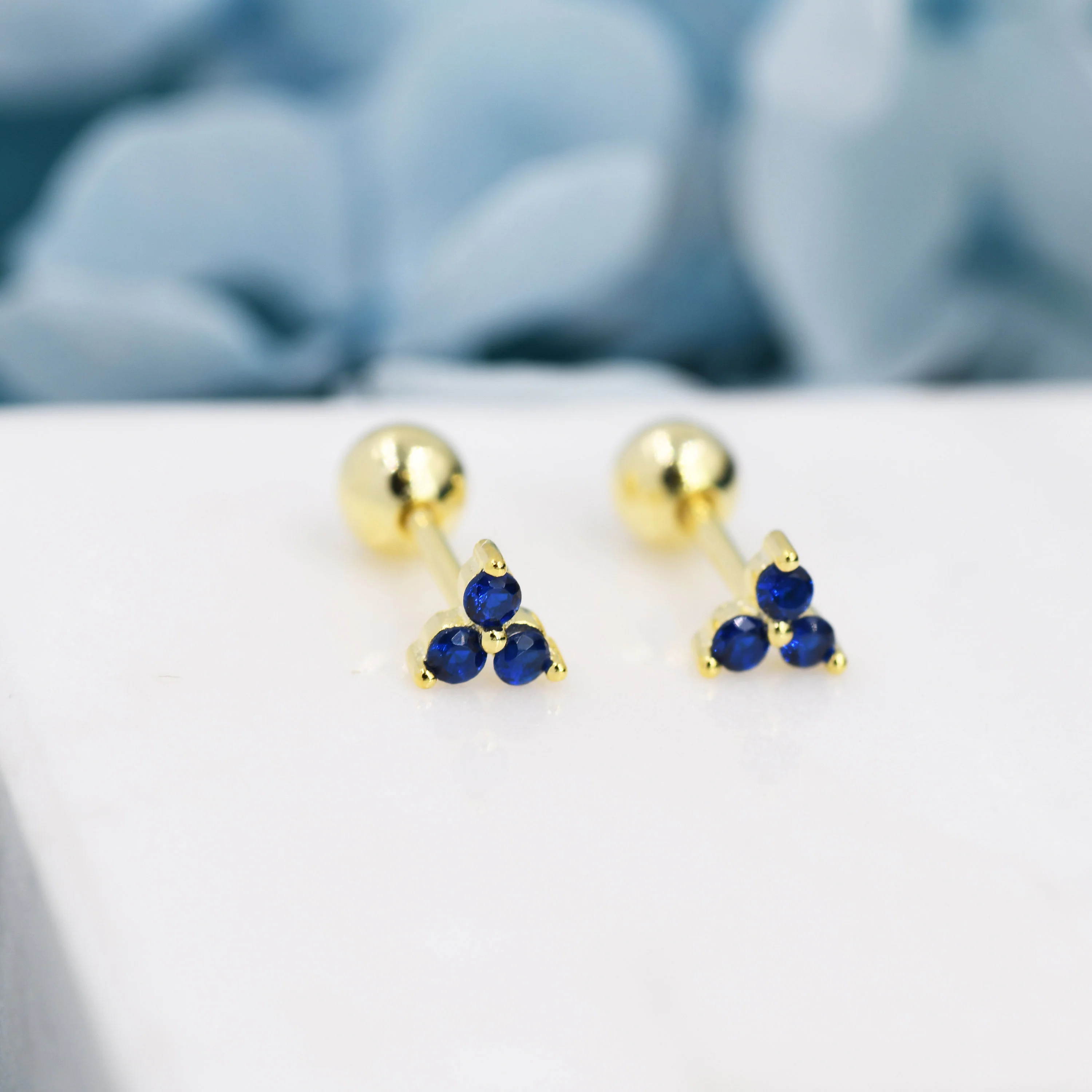 Tiny Three Sapphire Blue CZ Screw Back Earrings in Sterling Silver, Blue CZ Trinity Screwback, CZ Trio Earrings - Image 4