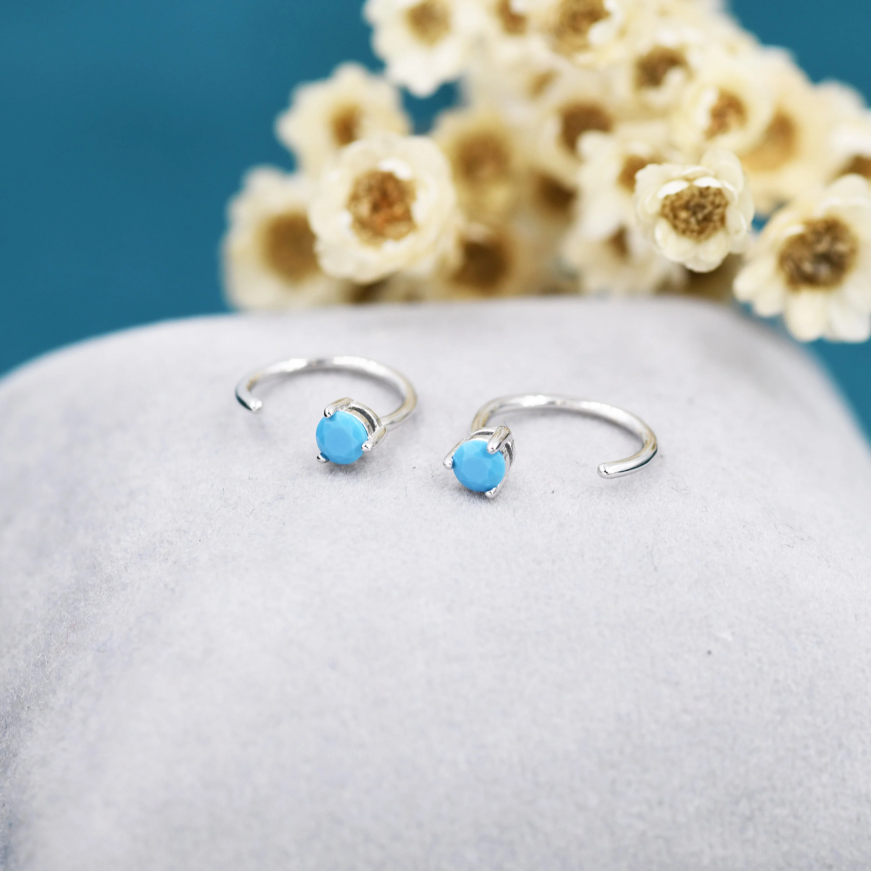 Tiny Turquoise Huggie Hoop Threader Earrings in Sterling Silver, 3mm Three Prong, Gold or Silver, Pull Through Open Hoops, C Shape Hoops - Image 3