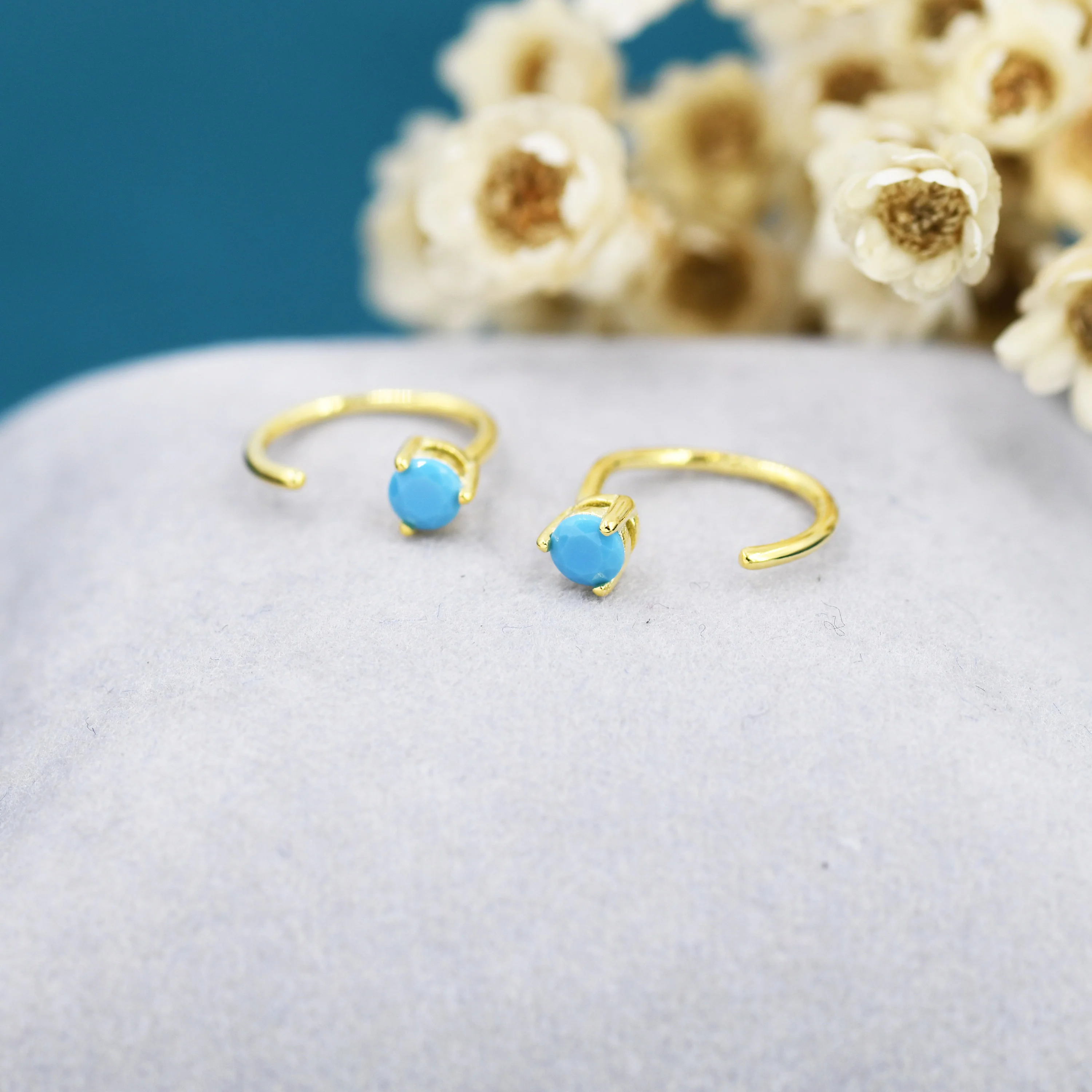 Tiny Turquoise Huggie Hoop Threader Earrings in Sterling Silver, 3mm Three Prong, Gold or Silver, Pull Through Open Hoops, C Shape Hoops - Image 4
