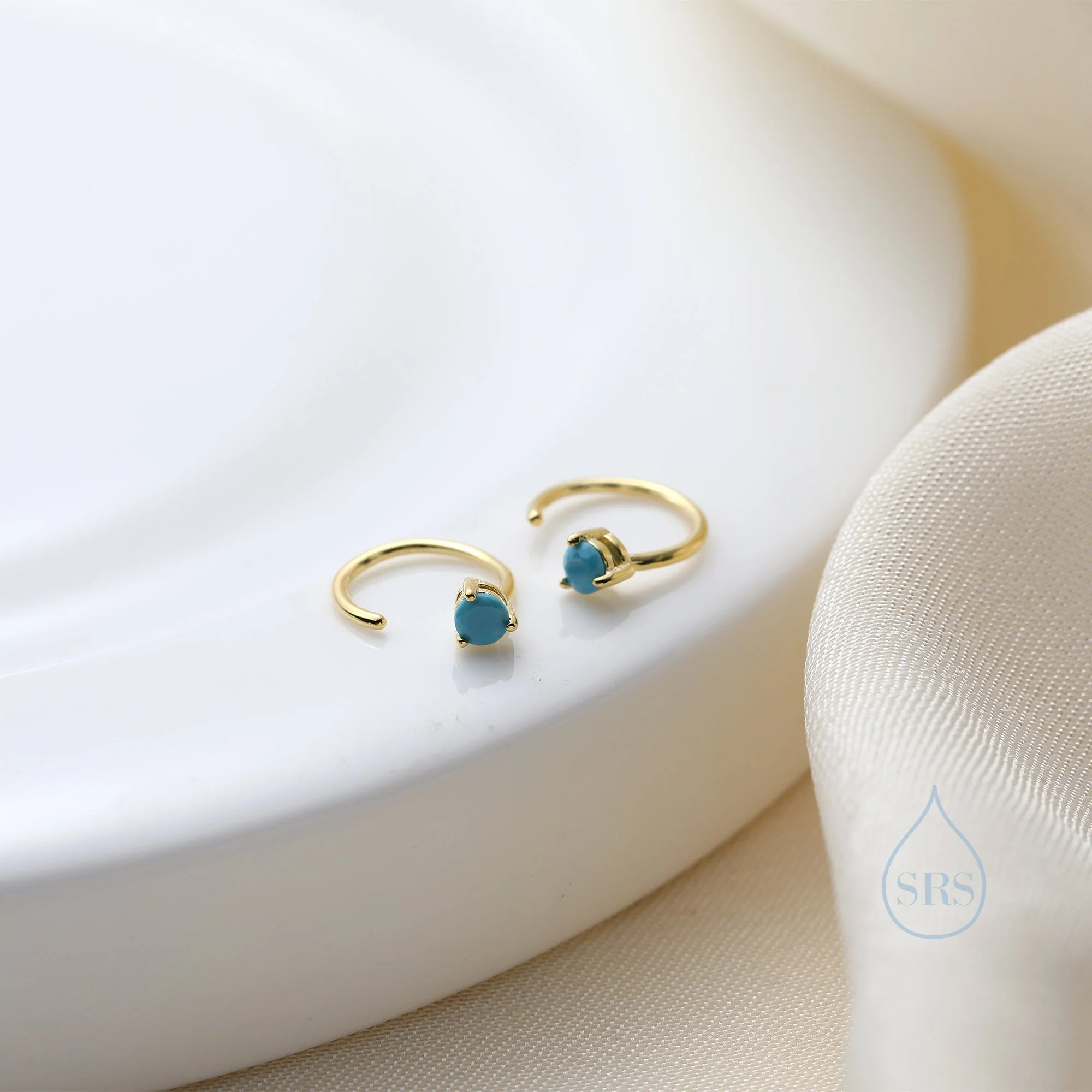 Tiny Turquoise Huggie Hoop Threader Earrings in Sterling Silver, 3mm Three Prong, Gold or Silver, Pull Through Open Hoops, C Shape Hoops - Image 6