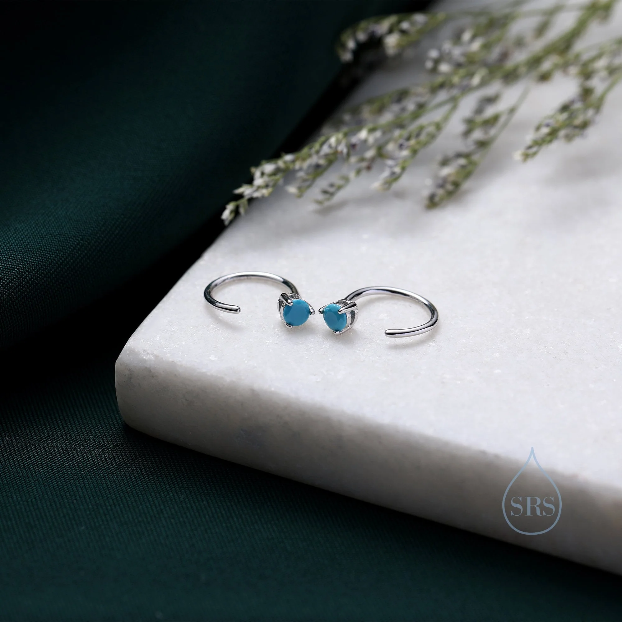 Tiny Turquoise Huggie Hoop Threader Earrings in Sterling Silver, 3mm Three Prong, Gold or Silver, Pull Through Open Hoops, C Shape Hoops - Image 7