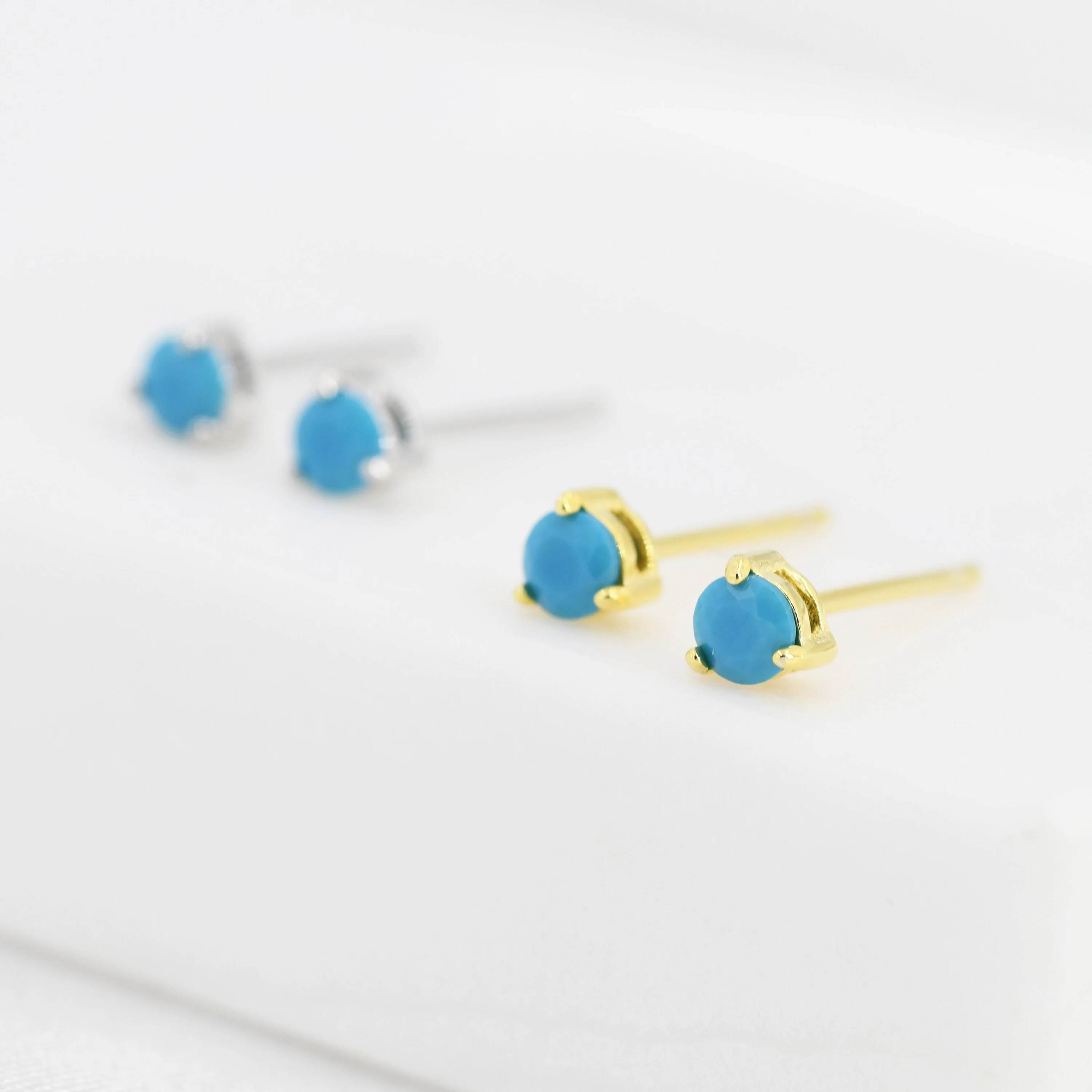 Tiny Turquoise CZ Stud Earrings in Sterling Silver, Silver or Gold, 3mm, Three Prong, Blue Stacking Earrings - Image 4