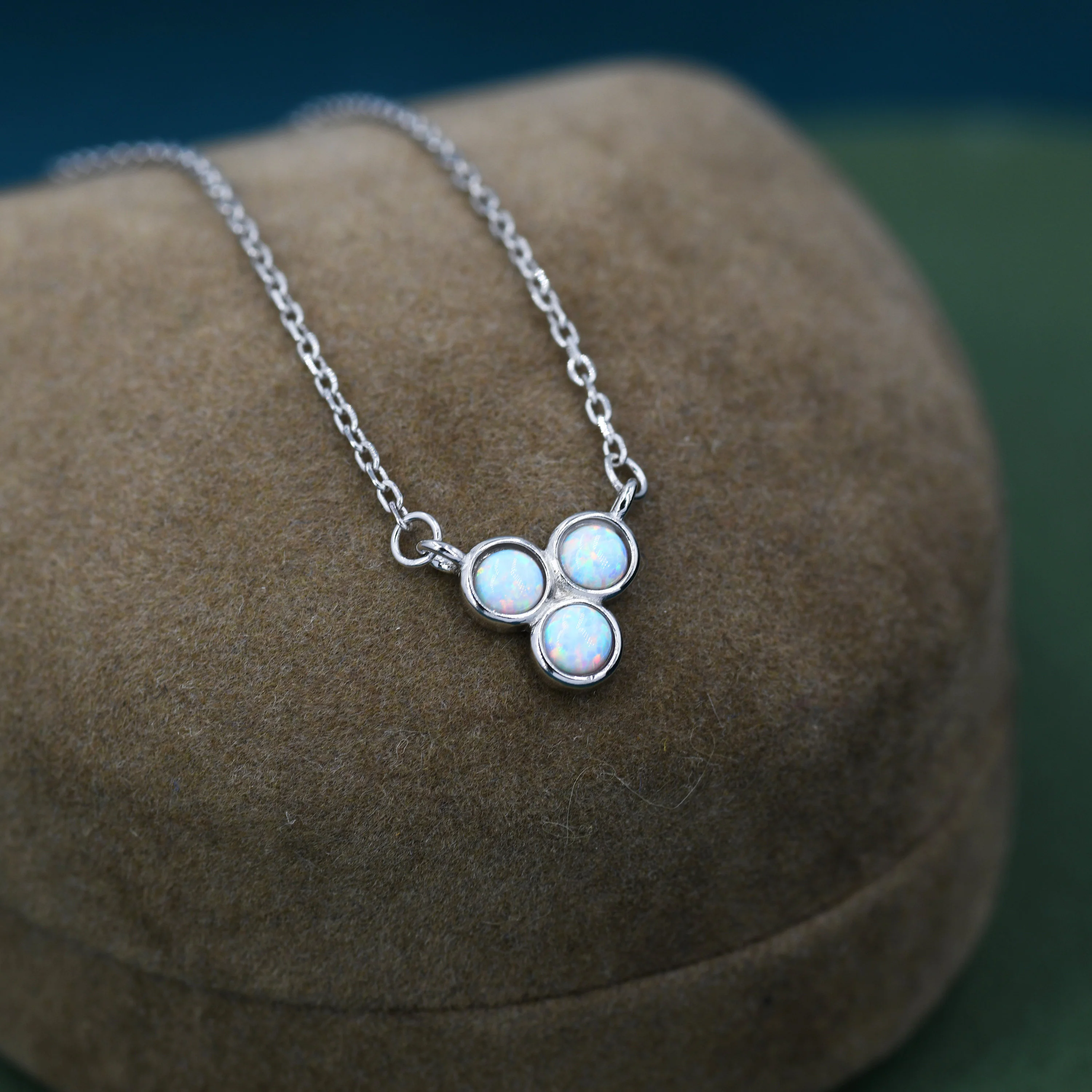 Tiny White Opal Trio Pendant Necklace in Sterling Silver, Tiny Opal Necklace, Three Tiny Lab Opal Pendant - Image 3