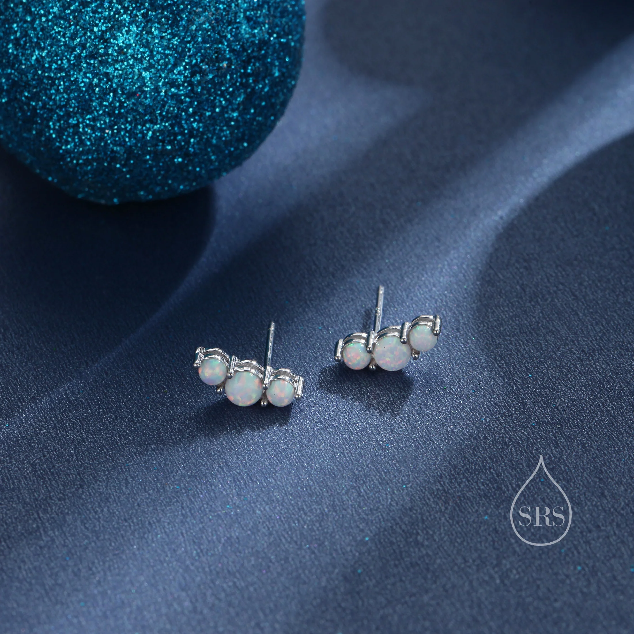 Tiny White Opal Trio Stud Earrings in Sterling Silver, Three Opal Earrings, Opal Stud, Small Opal Earrings - Image 3