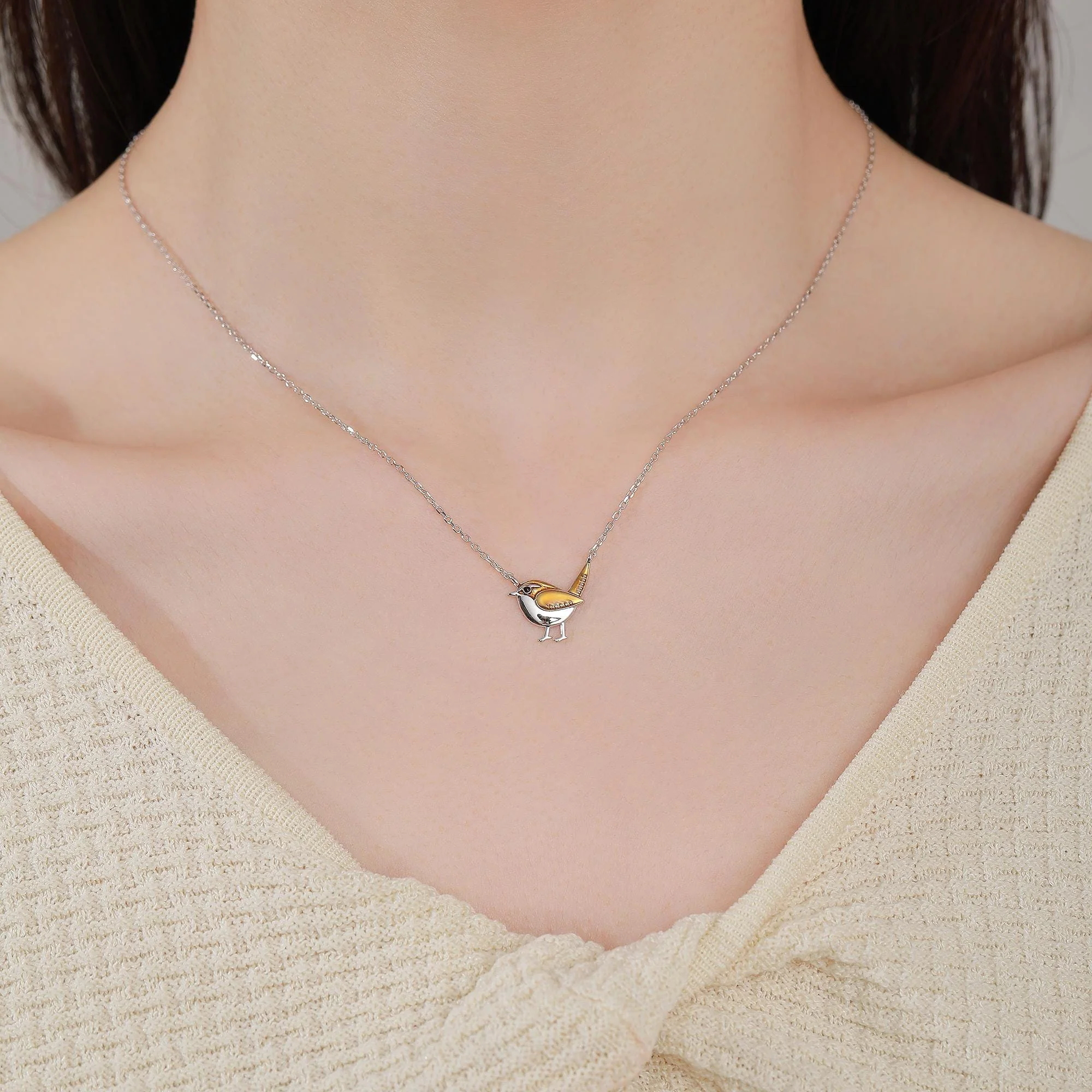 Tiny Wren Bird Pendant Necklace in Sterling Silver, Silver Enamel Wren Bird Necklace, Silver Bird Necklace, - Image 6