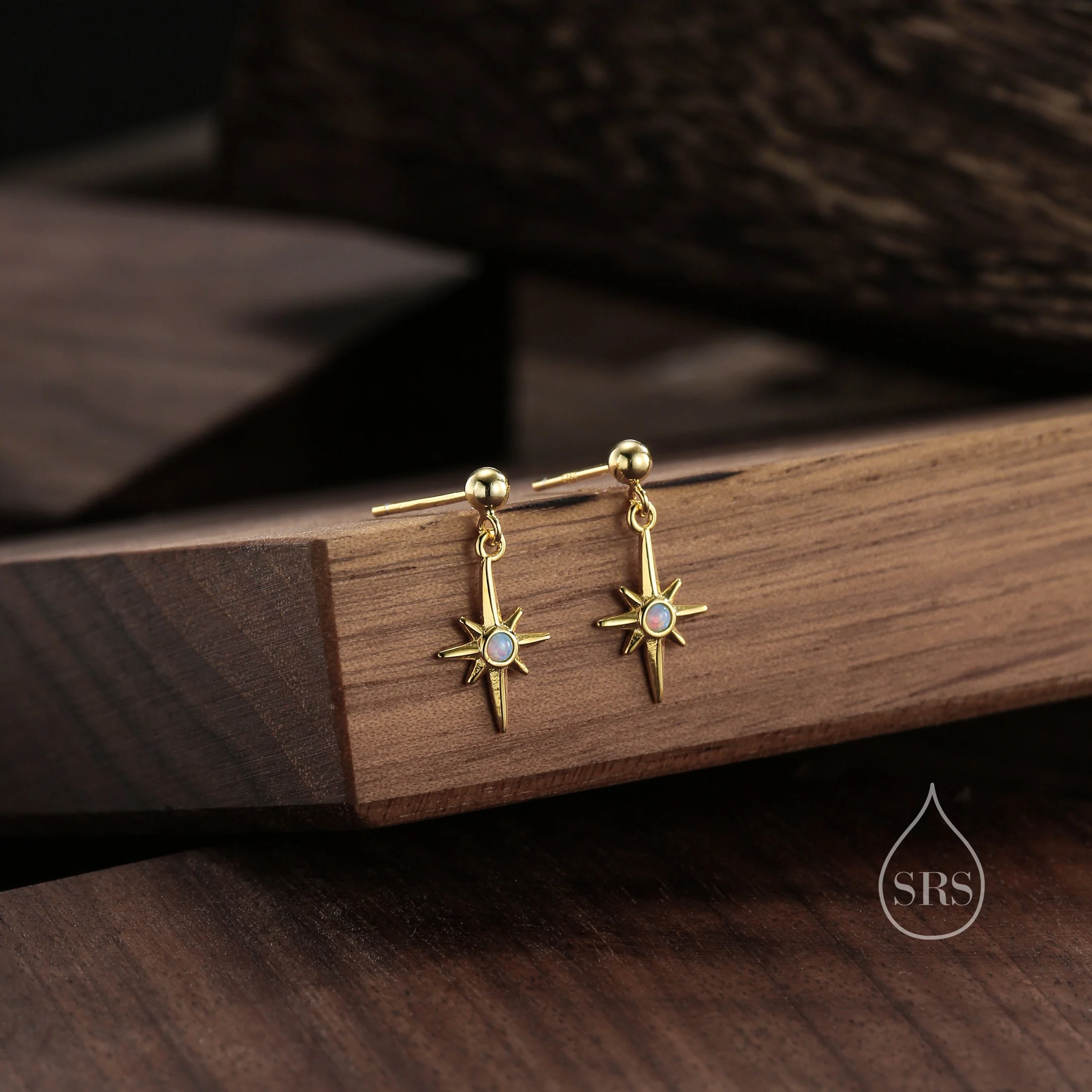 TinyBlue Opal Star Dangle Stud Earrings in Sterling Silver, Silver or Gold or Rose Gold, Aurora Star Earrings, Sunburst Earrings, Celestial - Image 3