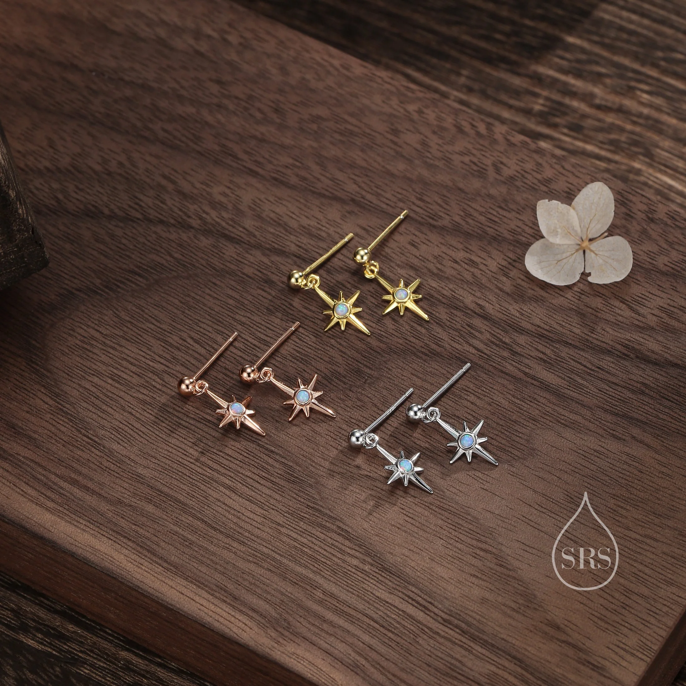TinyBlue Opal Star Dangle Stud Earrings in Sterling Silver, Silver or Gold or Rose Gold, Aurora Star Earrings, Sunburst Earrings, Celestial - Image 5
