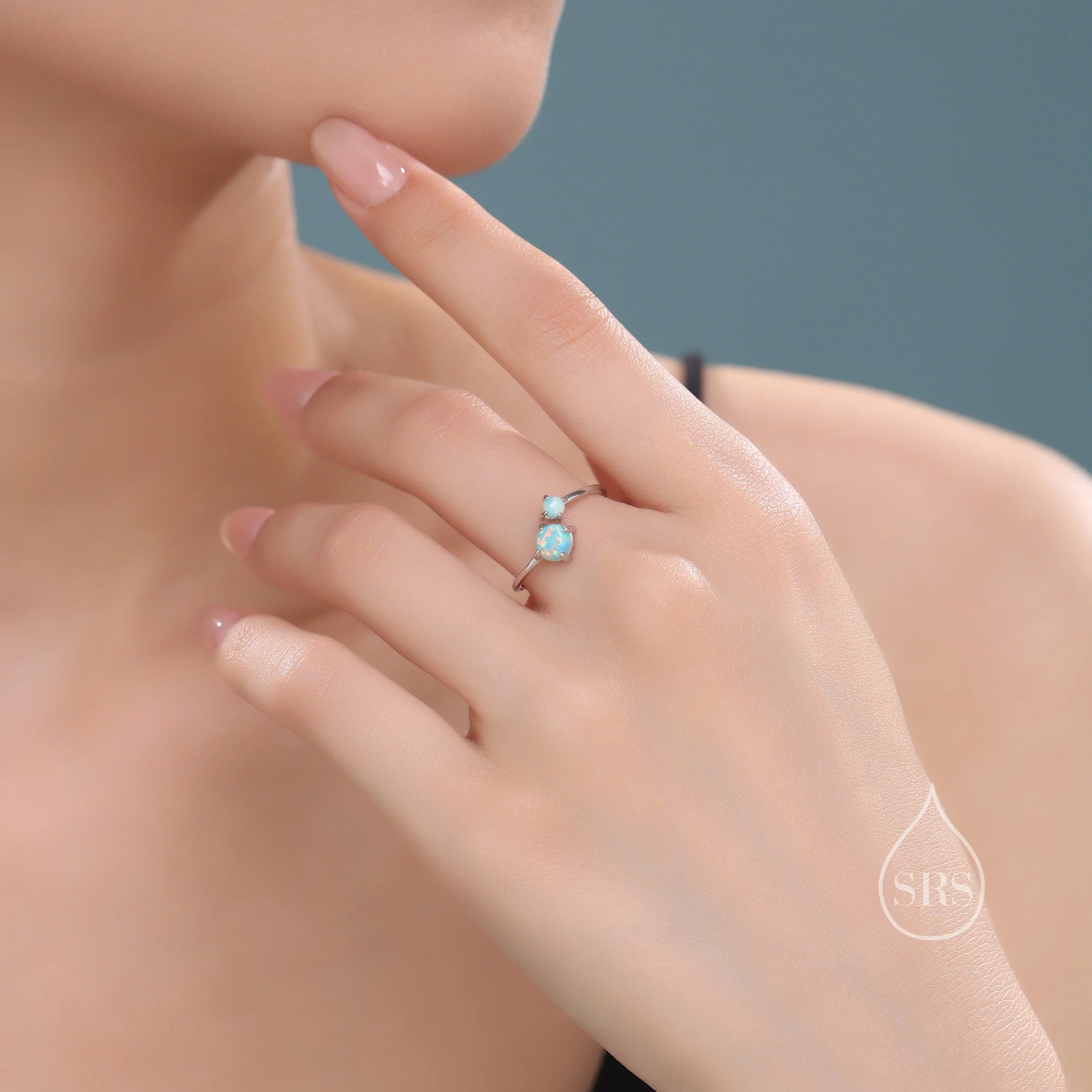 Toi et Moi Opal Open Ring in Sterling Silver, Adjustable Size, Lab Opal Double Stone Ring, Lab Moonstone Open Ring - Image 7